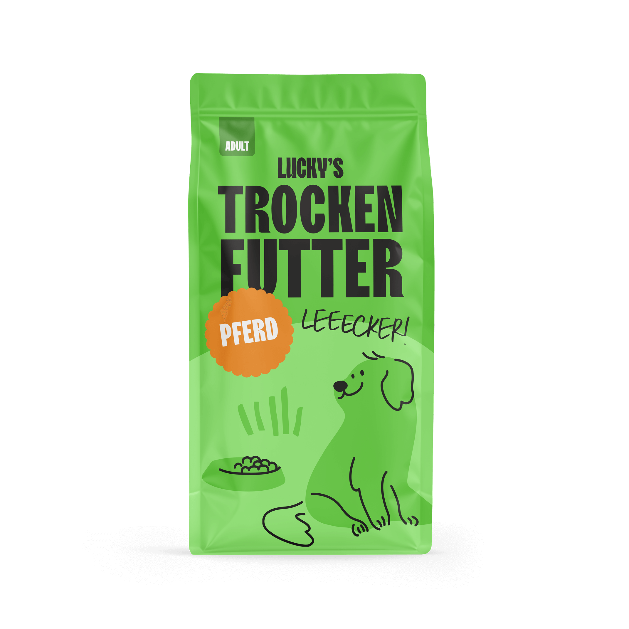 Pferd mit Süßkartoffel und Granatapfel Hunde Trockenfutter in einer grünen Verpackung für erwachsene Hunde.