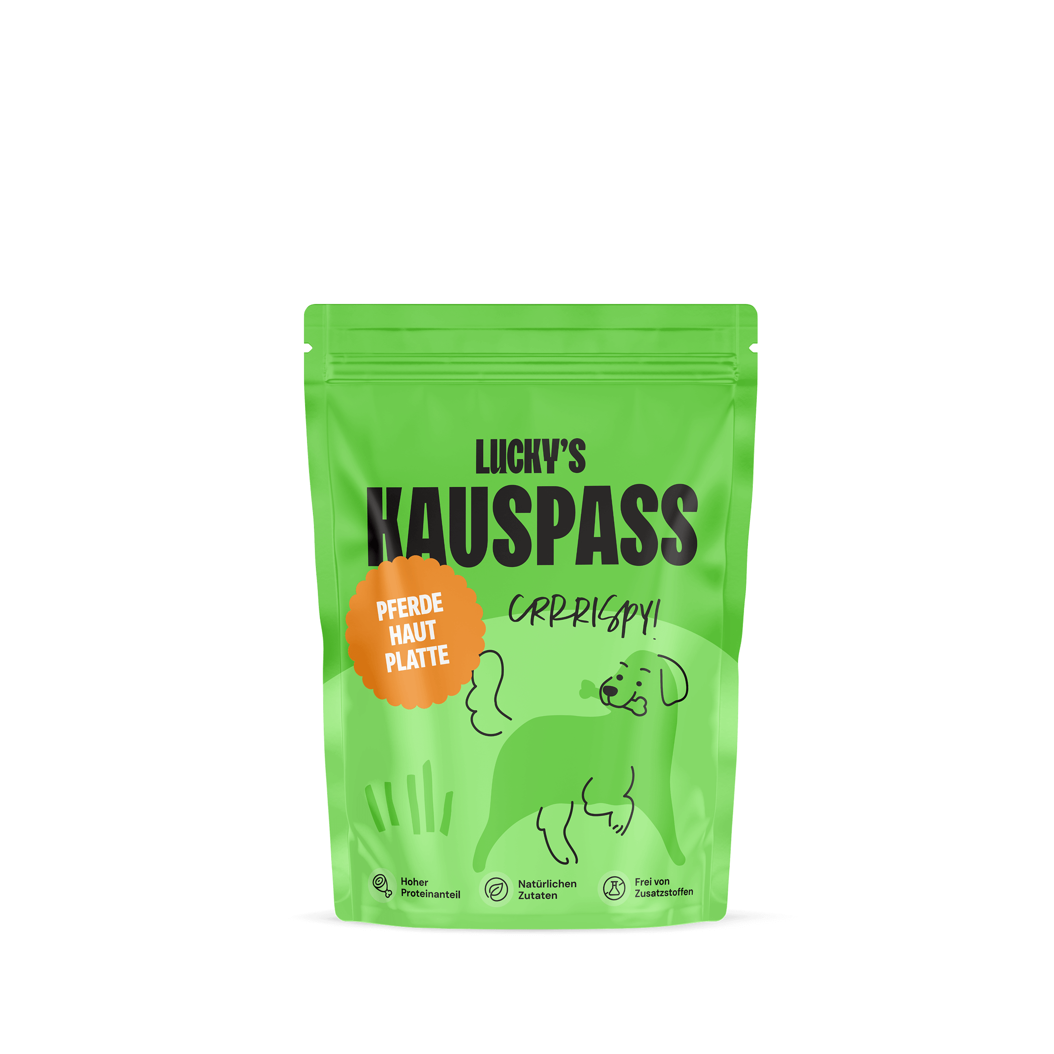 Pferdekopfhautplatte-Dunkel – Naturkauartikel für Hunde in einer knallgrünen Verpackung mit Hund.