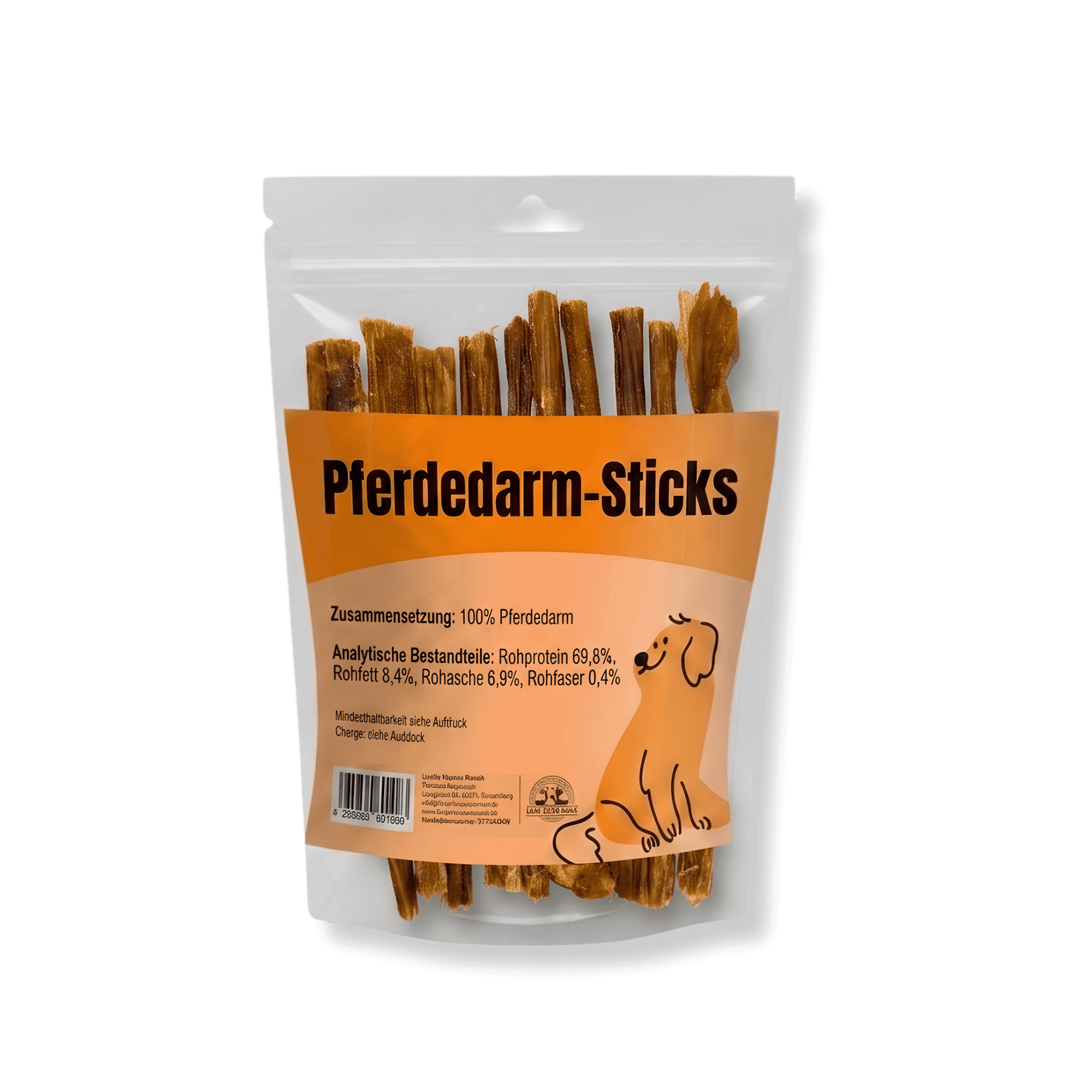 Transparente Produktverpackung mit Pferdedarm-Sticks Naturkausnacks für Hunde und orangefarbenem Etikett⁠ Der Lucky Heaven Ranch