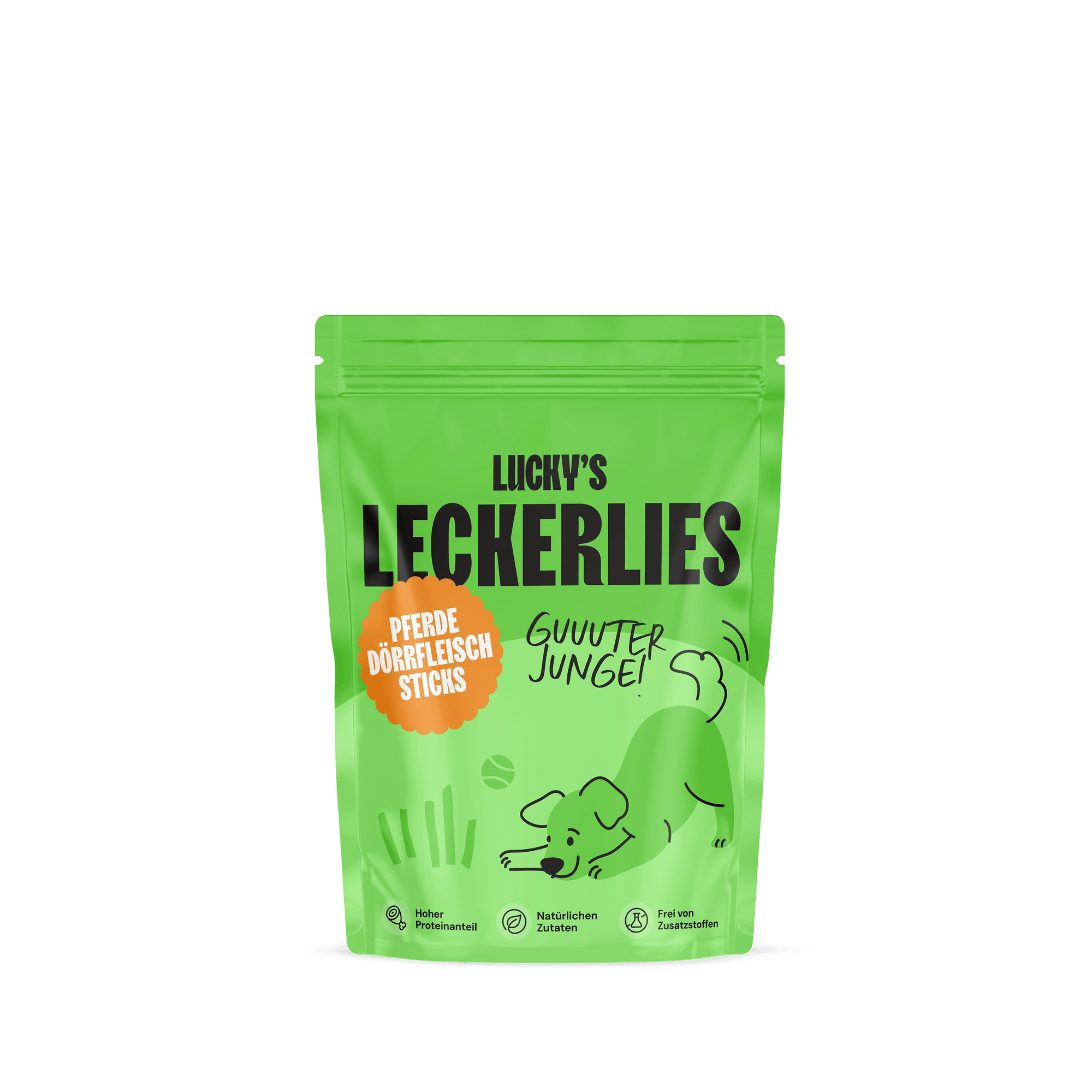 Pferdedörrfleischsticks – Leckerli für Hunde in einer grünen Verpackung mit Hund und buntem Logo.