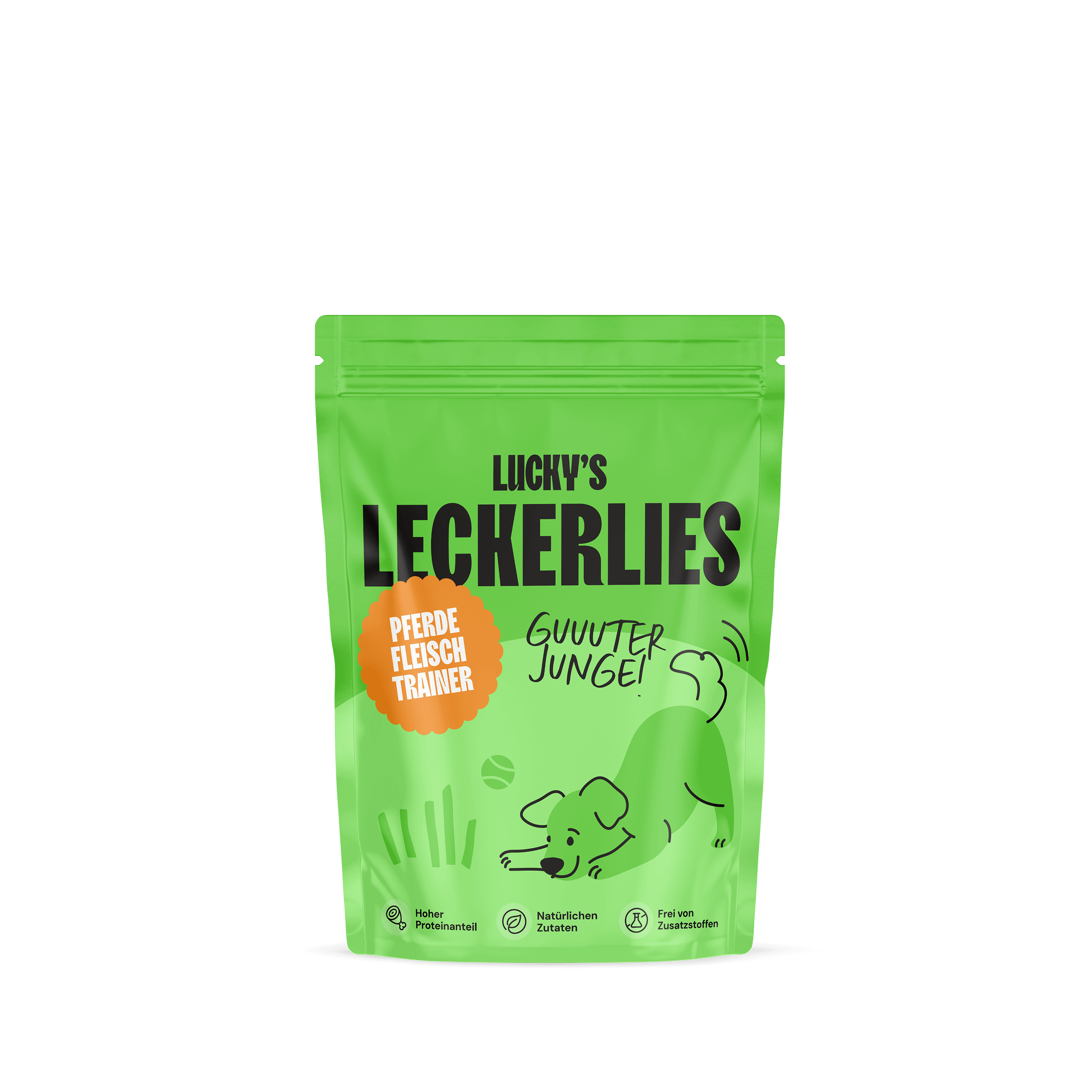 Pferdefleischtrainer – Trainingsleckerli für Hunde in einer grünen Verpackung mit Hundedesign.