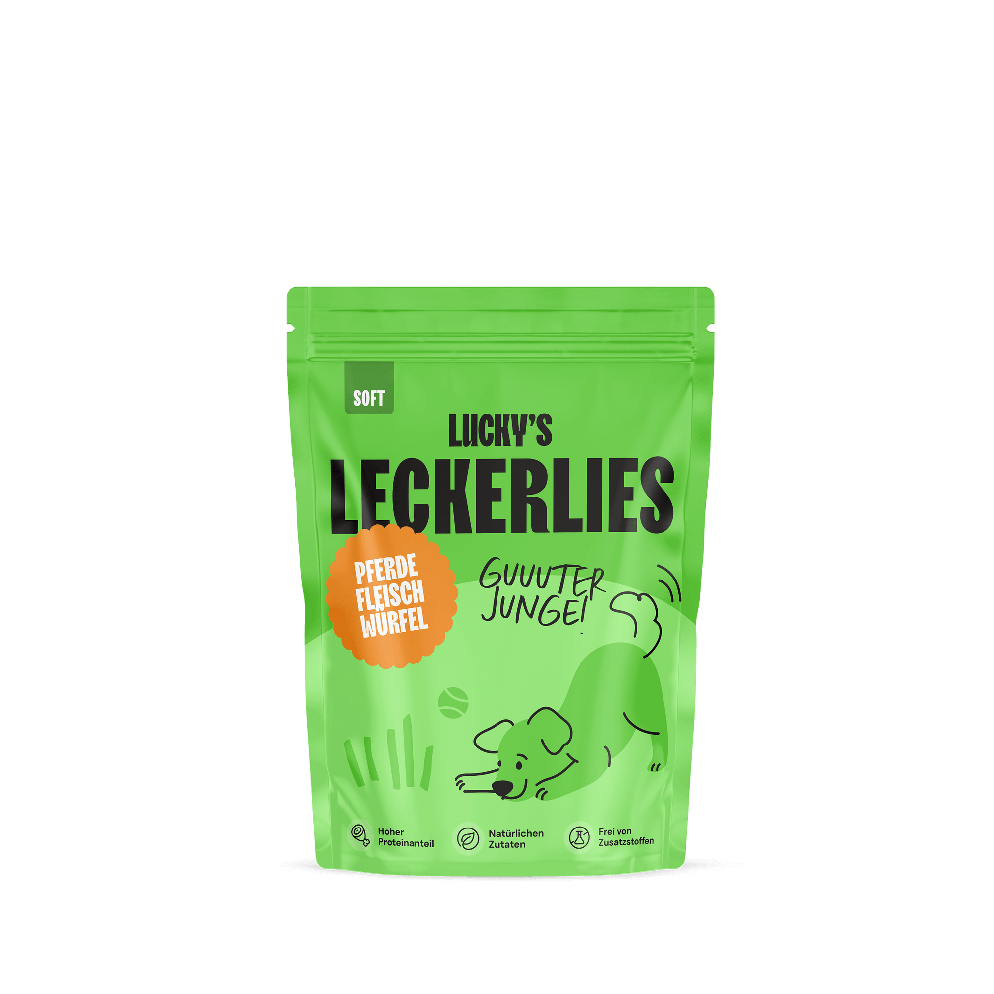 Pferdefleischwürfel Soft – Leckerli für Hunde in einer ansprechenden grünen Verpackung.