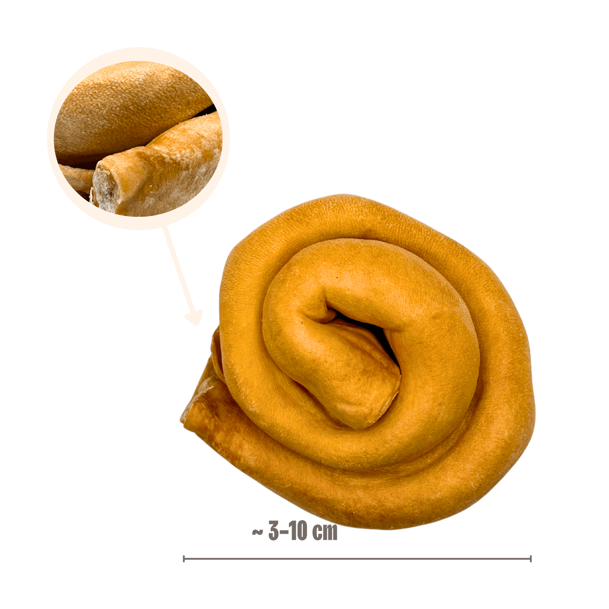 Produktgröße eines Pferdehaut-Donuts von ca. 3-10 cm Durchmesser mit einer vergrößerten Nahaufnahme der robusten Hautstruktur.