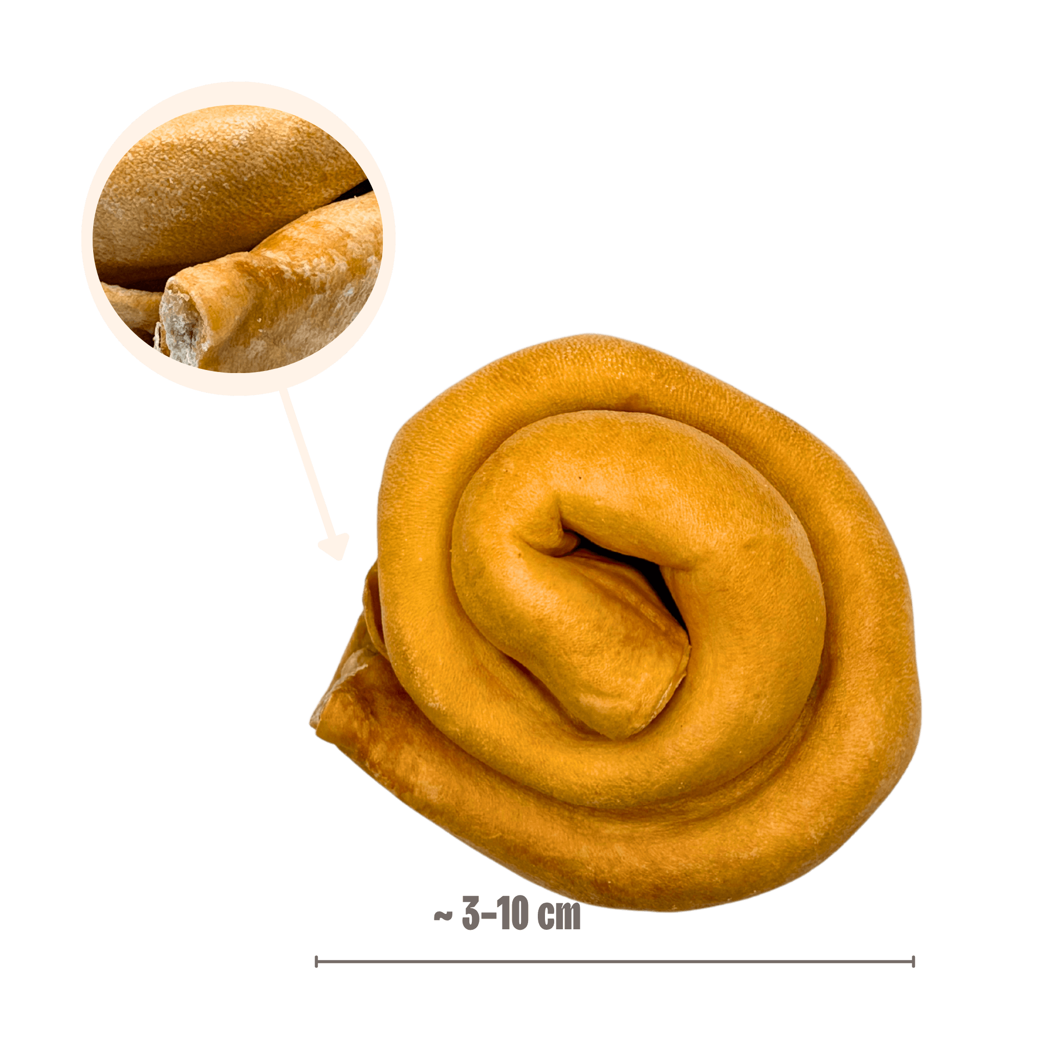 Produktgröße eines Pferdehaut-Donuts von ca. 3-10 cm Durchmesser mit einer vergrößerten Nahaufnahme der robusten Hautstruktur.