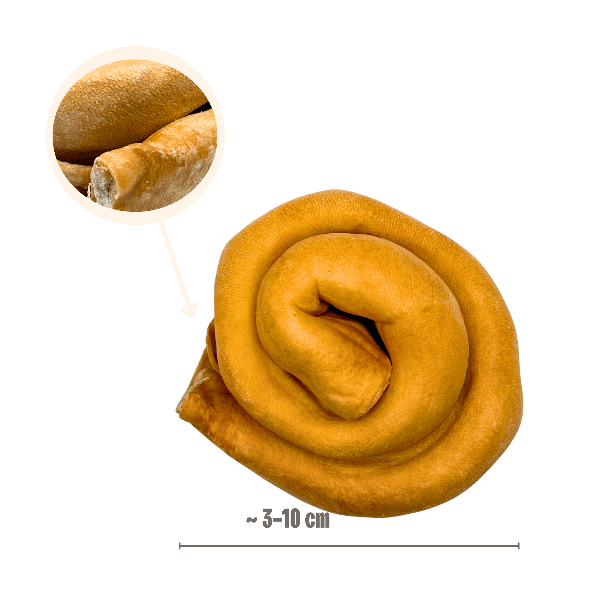 Produktgröße eines Pferdehaut-Donuts von ca. 3-10 cm Durchmesser mit einer vergrößerten Nahaufnahme der robusten Hautstruktur.