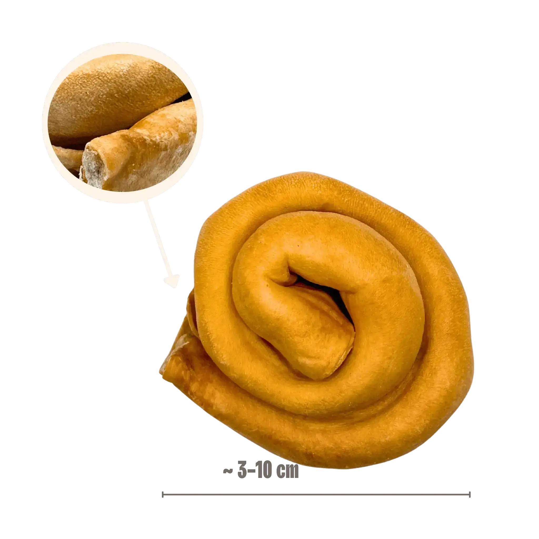 Produktgröße eines Pferdehaut-Donuts von ca. 3-10 cm Durchmesser mit einer vergrößerten Nahaufnahme der robusten Hautstruktur.