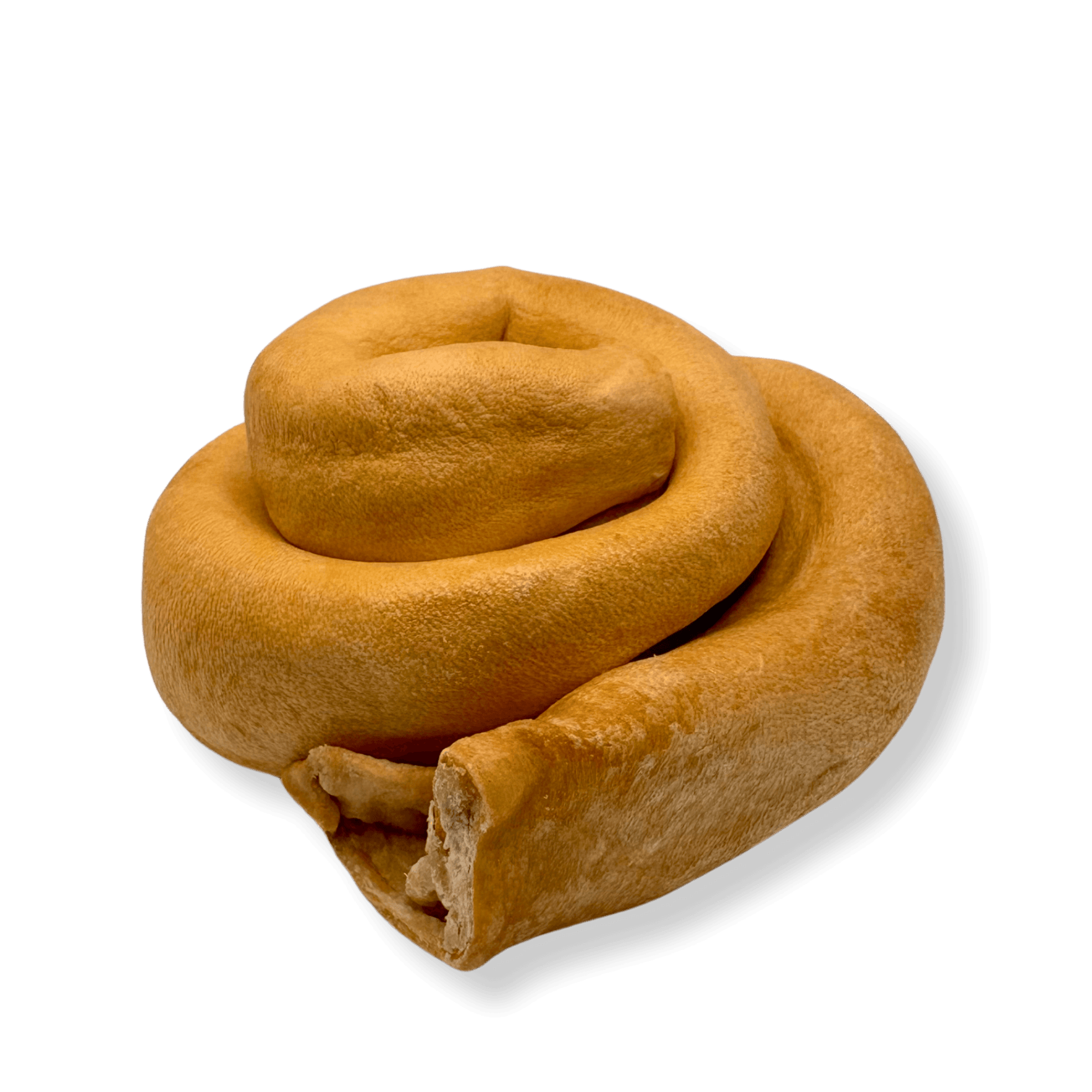 Ein einzelner, rund gerollter Pferdehaut-Donut als langanhaltender und zäh-harter Kausnack für Hunde.