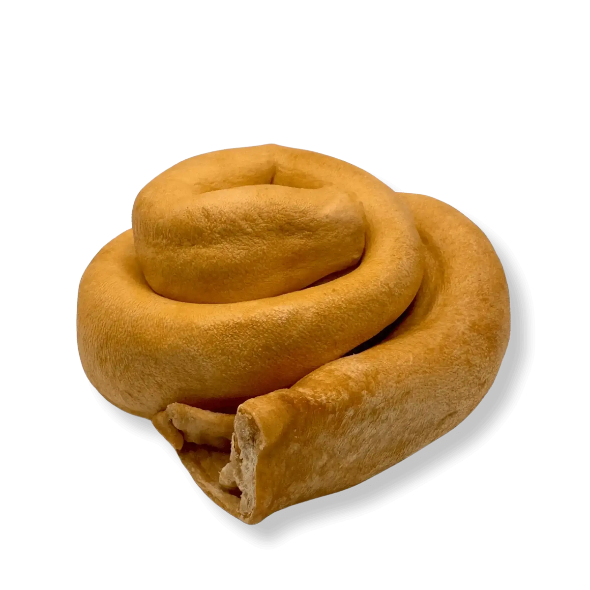 Ein einzelner, rund gerollter Pferdehaut-Donut als langanhaltender und zäh-harter Kausnack für Hunde.