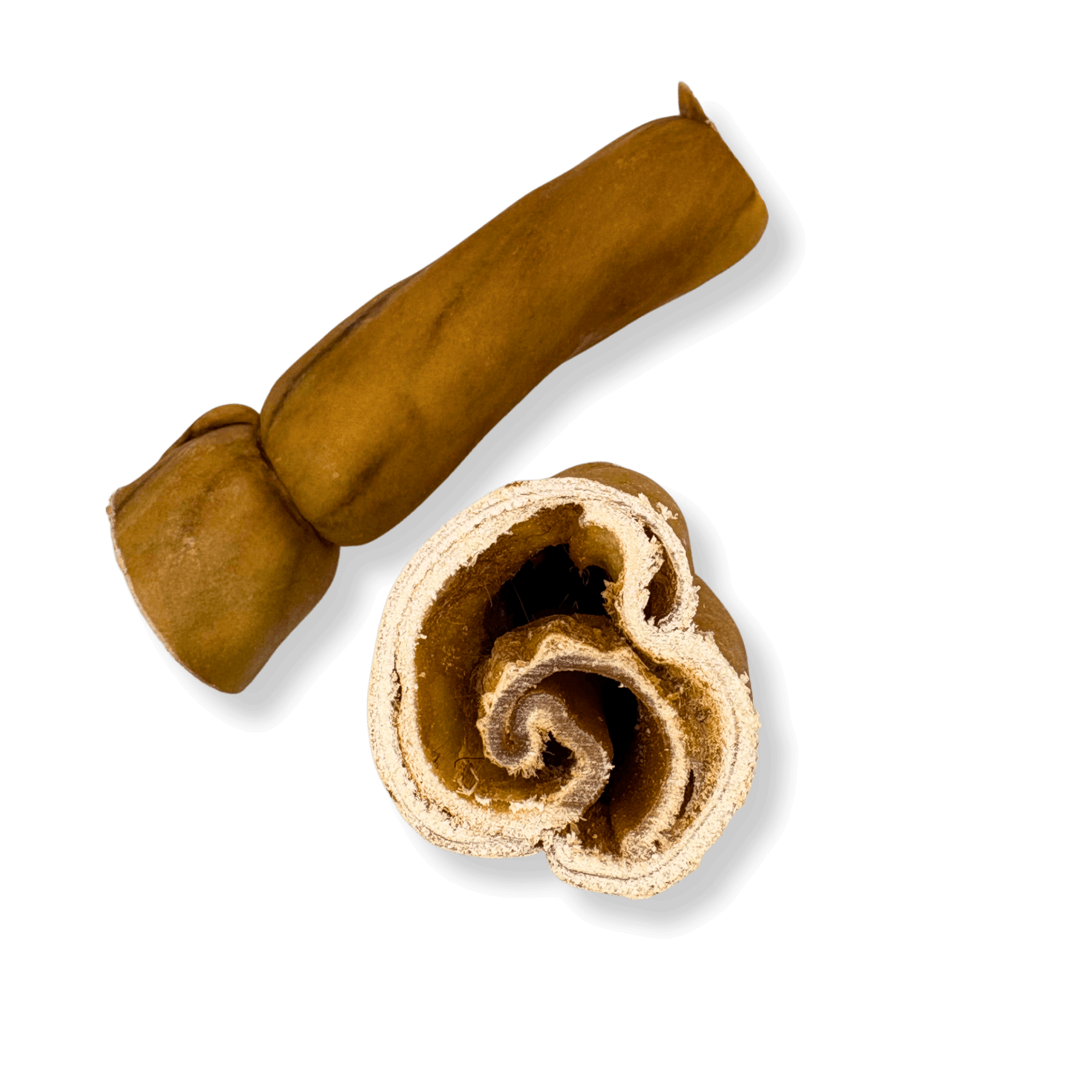 Eine gerollte Pferdehautstange im Anschnitt auf schwarzem Hintergrund zeigt die dicke und feste Wicklung des Kausnacks.
