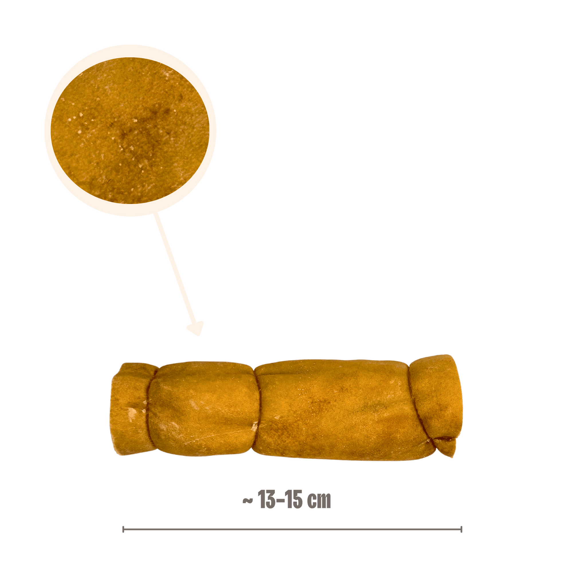 Produktabmessung einer gerollten Pferdehautstange von ca. 13-15 cm Länge mit einer vergrößerten Detailansicht der Oberfläche.