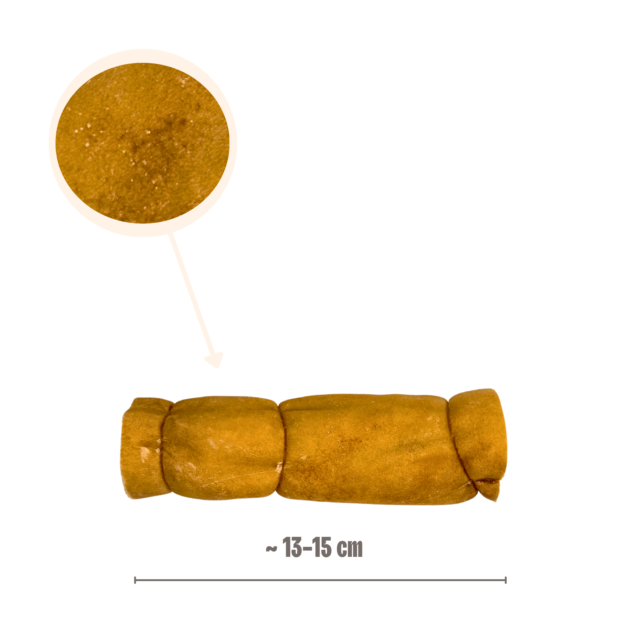 Produktabmessung einer gerollten Pferdehautstange von ca. 13-15 cm Länge mit einer vergrößerten Detailansicht der Oberfläche.