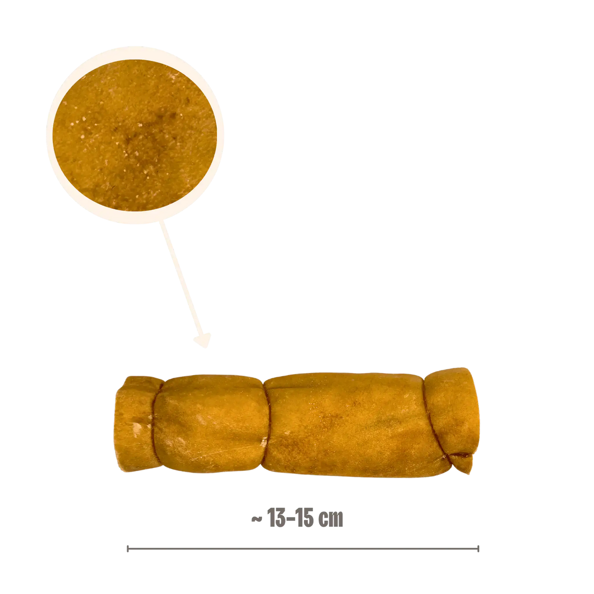 Produktabmessung einer gerollten Pferdehautstange von ca. 13-15 cm Länge mit einer vergrößerten Detailansicht der Oberfläche.