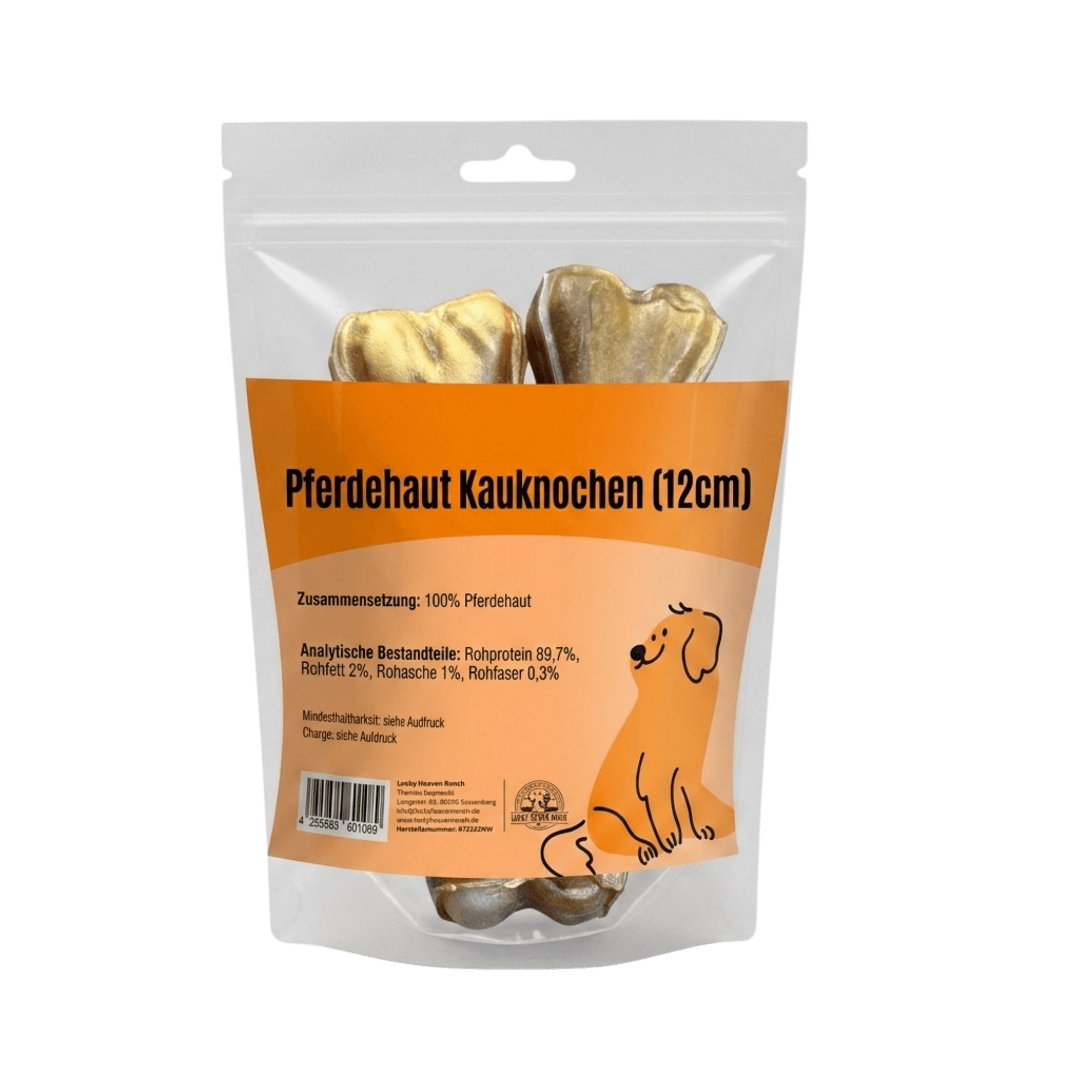 Pferdehaut Kauknochen (12cm) in transparenter Standbeutel-Verpackung mit orangefarbenem Etikett und Hundemotiv.