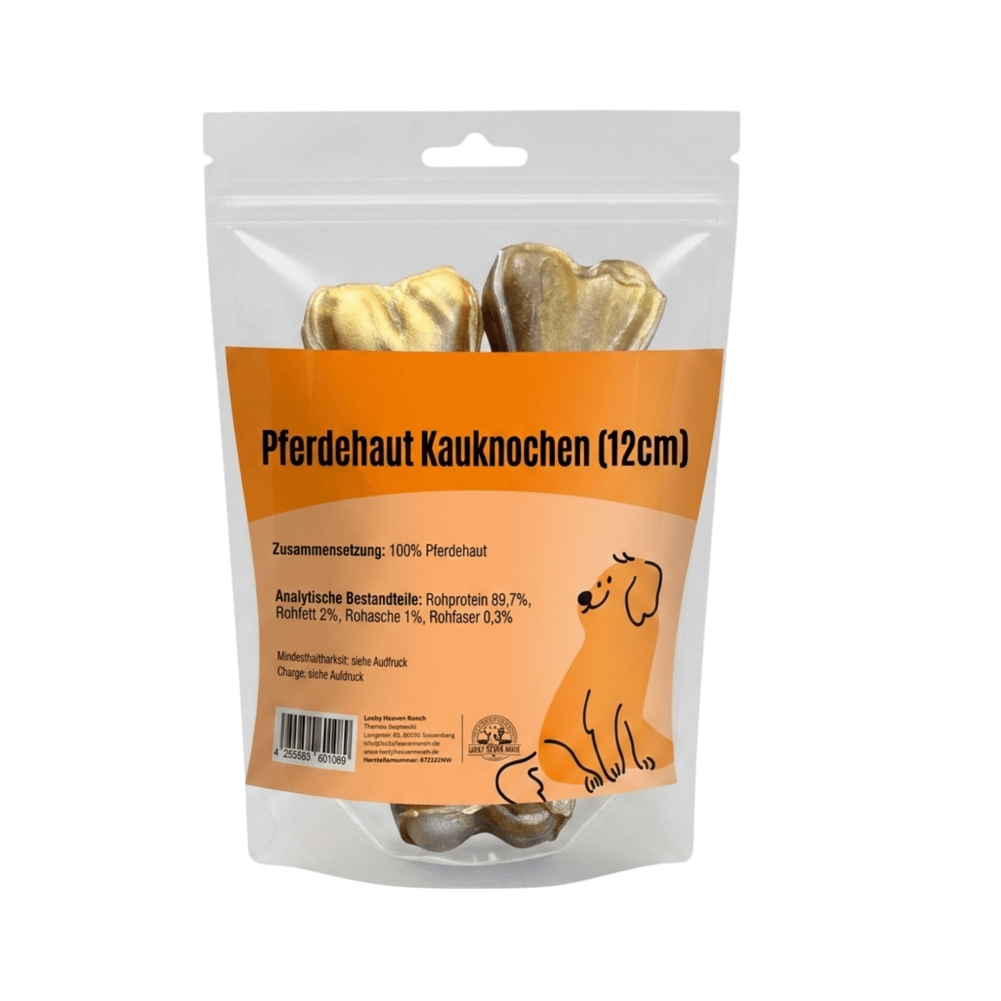 Pferdehaut Kauknochen (12cm) in transparenter Standbeutel-Verpackung mit orangefarbenem Etikett und Hundemotiv.