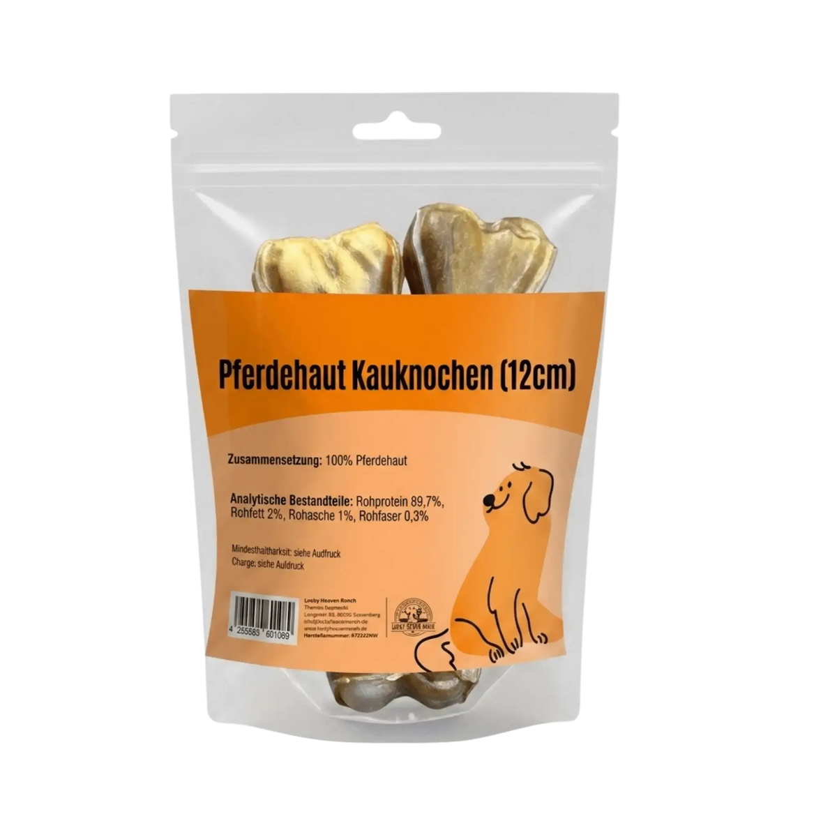 Pferdehaut Kauknochen (12cm) in transparenter Standbeutel-Verpackung mit orangefarbenem Etikett und Hundemotiv.
