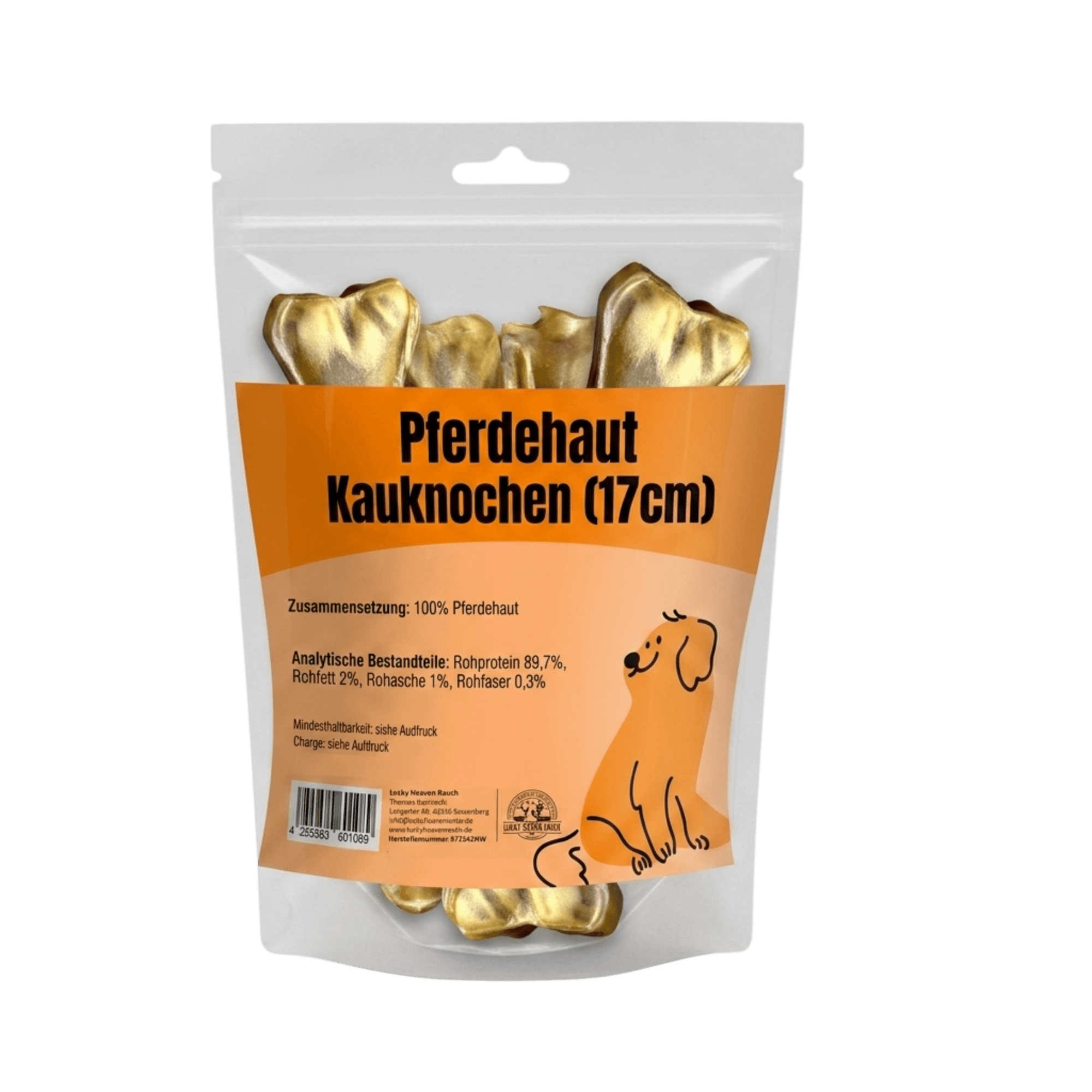Pferdehaut Kauknochen (17cm) Kauartikel in transparenter Standbeutel-Verpackung mit orangefarbenem Etikett und Hundemotiv.