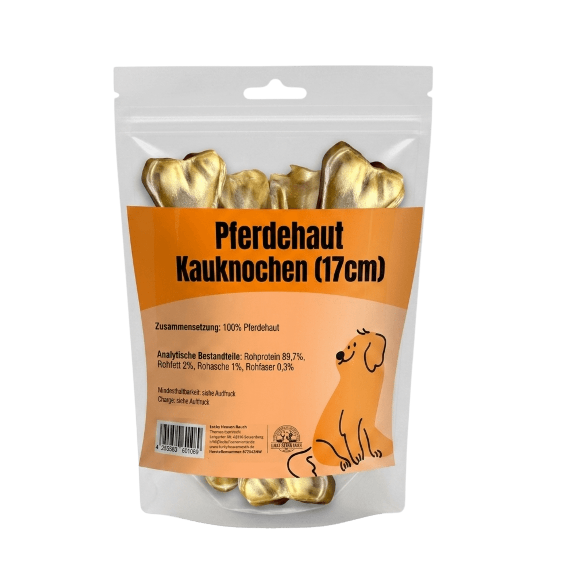 Pferdehaut Kauknochen (17cm) Kauartikel in transparenter Standbeutel-Verpackung mit orangefarbenem Etikett und Hundemotiv.