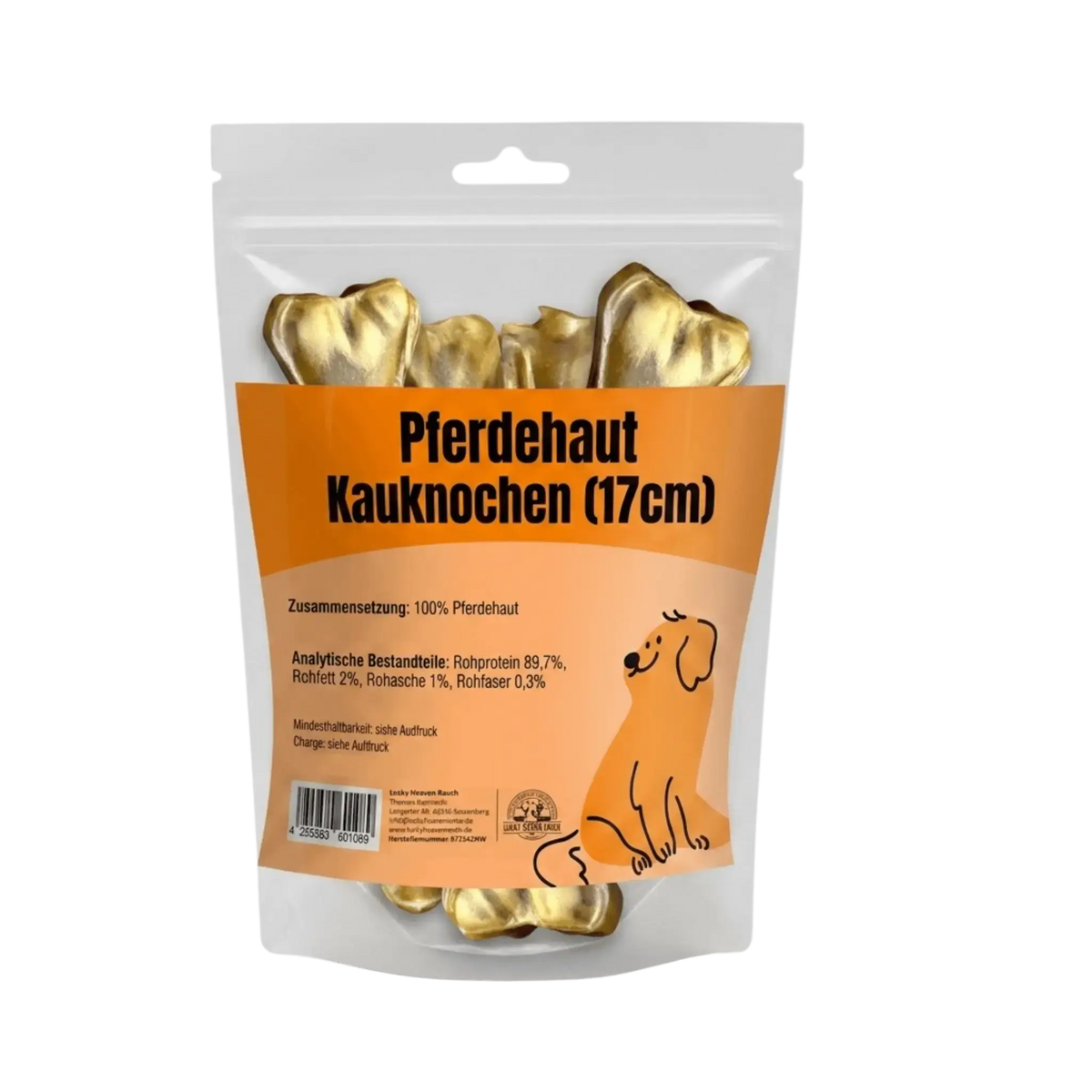 Pferdehaut Kauknochen (17cm) Kauartikel in transparenter Standbeutel-Verpackung mit orangefarbenem Etikett und Hundemotiv.