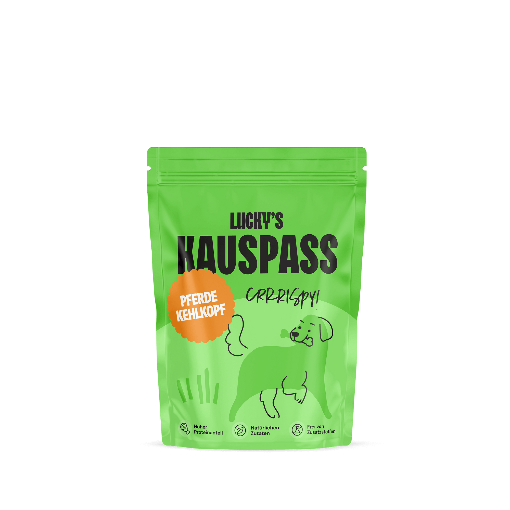 Pferdekehlkopf – Naturkauartikel für Hunde in einer grünen Verpackung