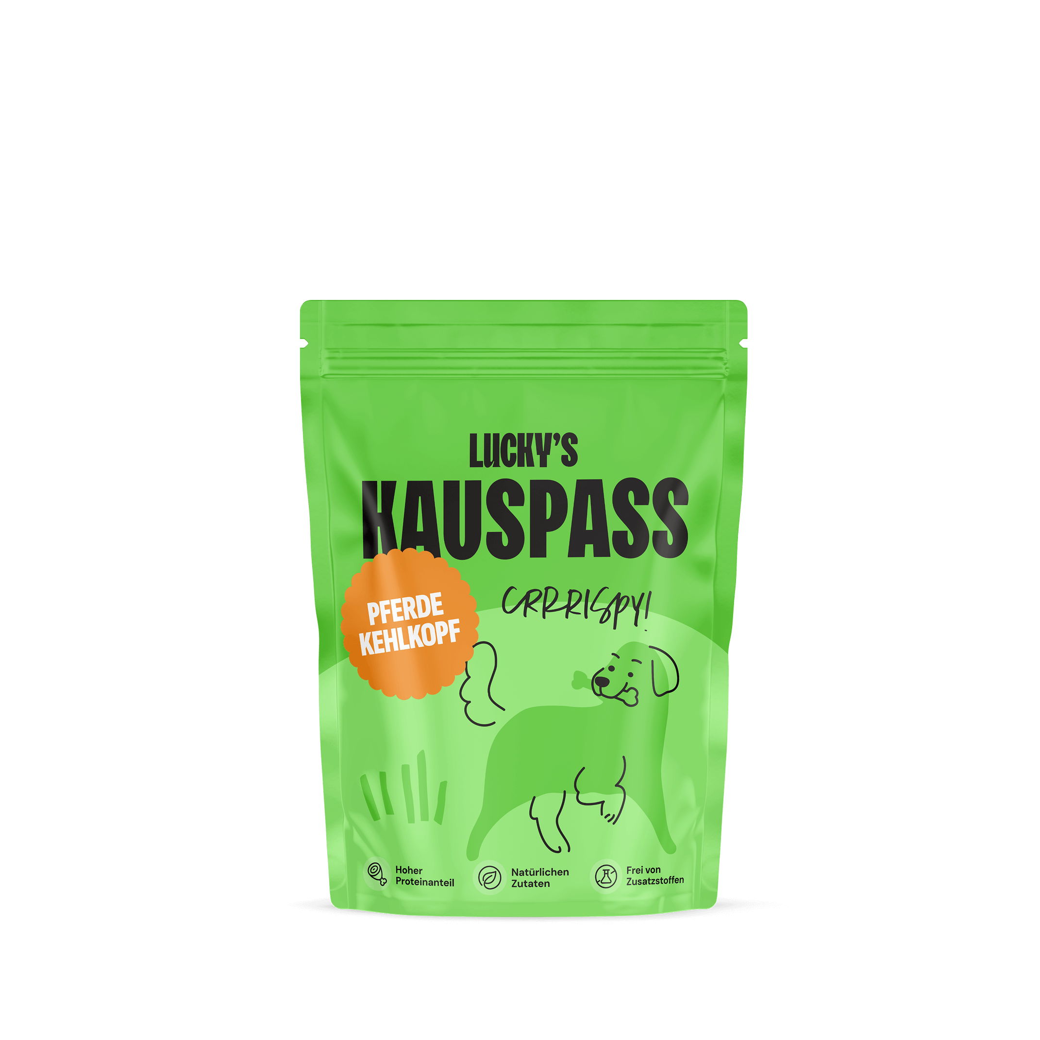 Pferdekehlkopf – Naturkauartikel für Hunde in einer grünen Verpackung