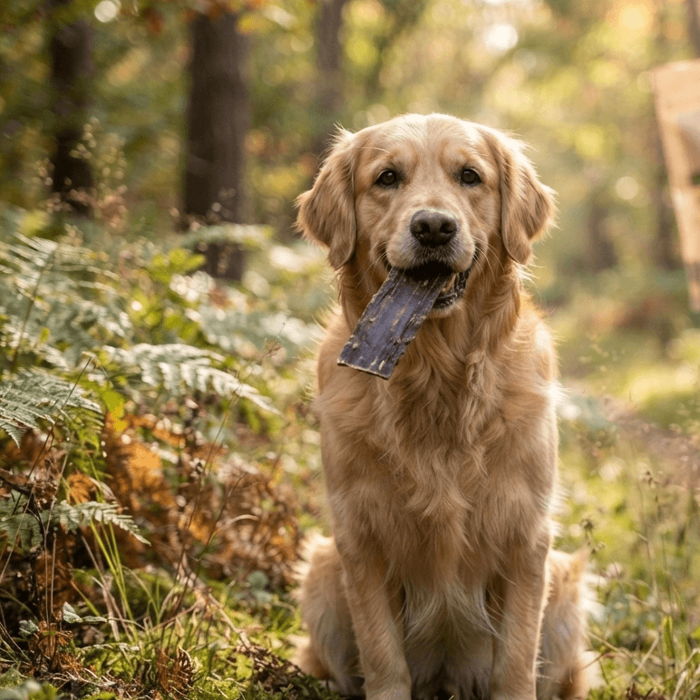 Goldener Retriever hält einen getrockneten Pferdeschlund-Kauartikel im Maul während eines Spaziergangs im herbstlichen Wald