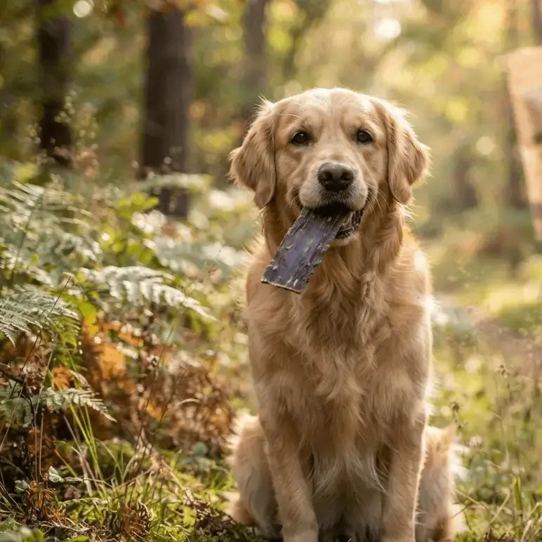 Goldener Retriever hält einen getrockneten Pferdeschlund-Kauartikel im Maul während eines Spaziergangs im herbstlichen Wald