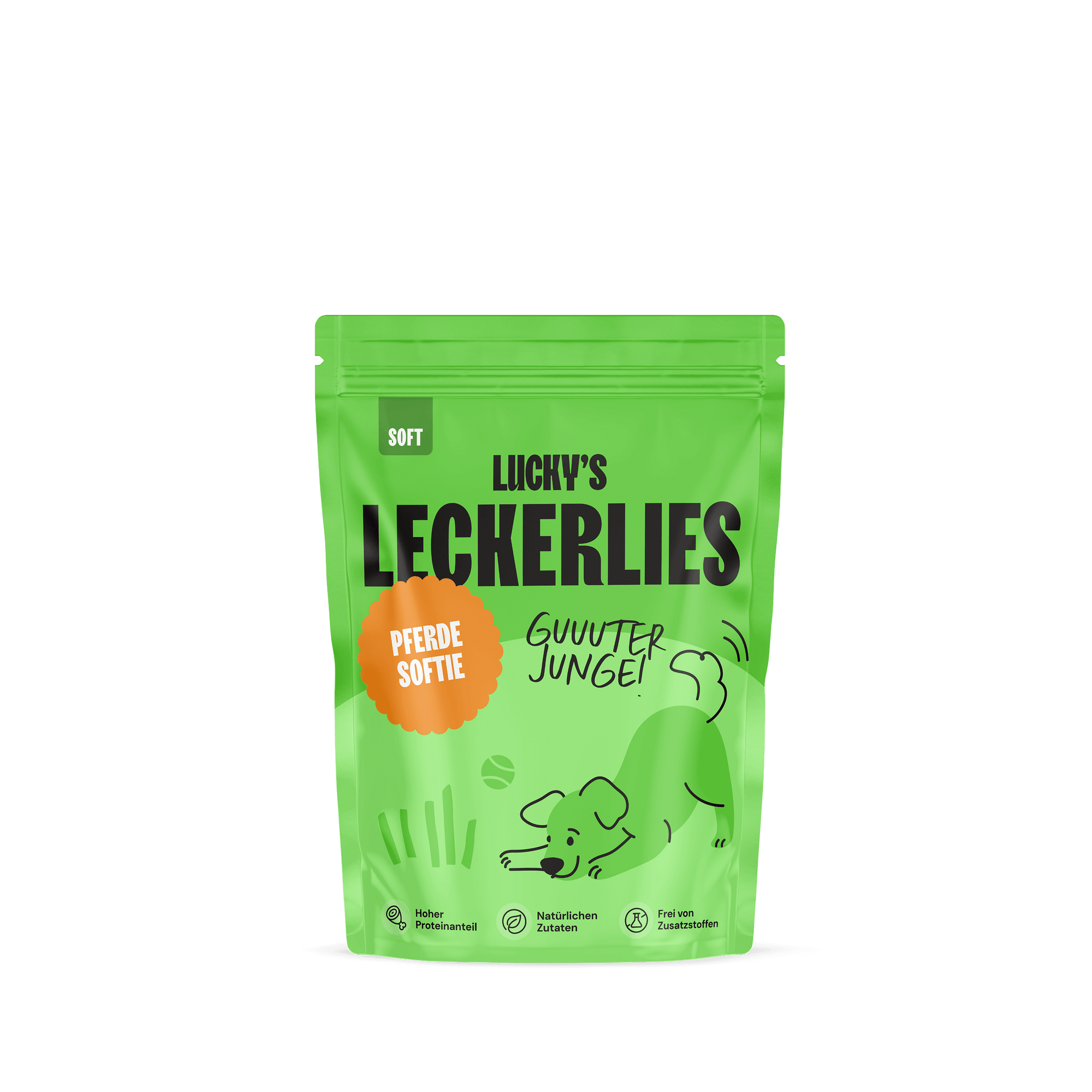 Pferdesoftie – Leckerli für Hunde in einer grünen Verpackung mit Hundemotiv und Schriftzug.