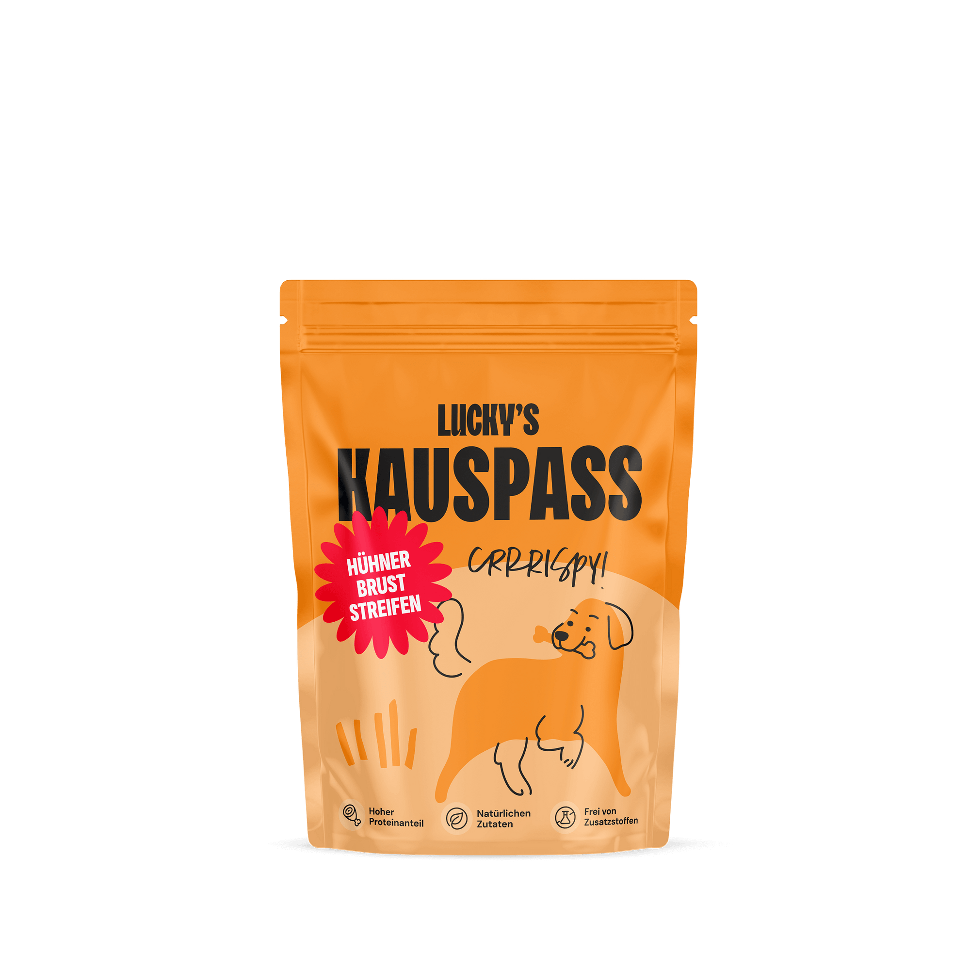Verpackung von Hühnerbruststreifen Soft für Hunde in einem bunten Design.