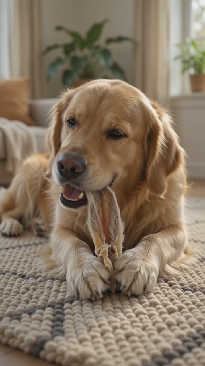 Hund kaut genüsslich auf Kaninchenohren herum.