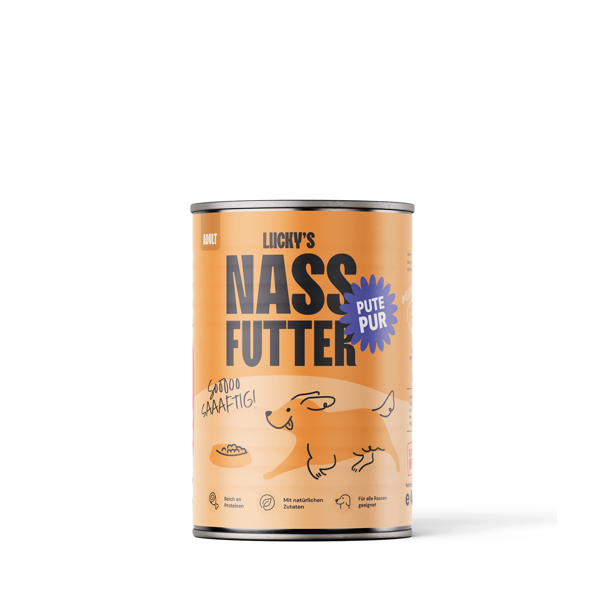 Pute pur – Nassfutter für Hunde in einer attraktiven Dose mit Hunden auf dem Etikett. 400 Gramm/je Dose