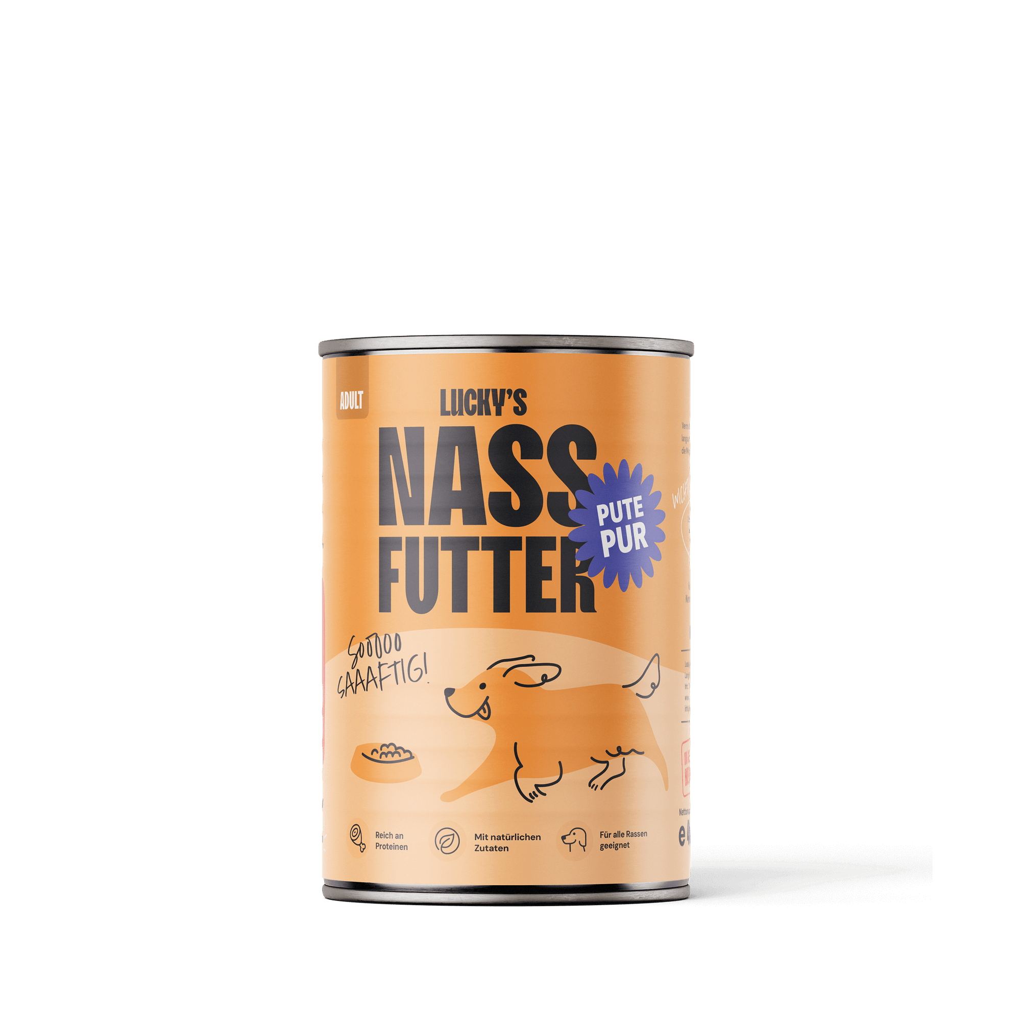Pute pur – Nassfutter für Hunde in einer attraktiven Dose mit Hunden auf dem Etikett.