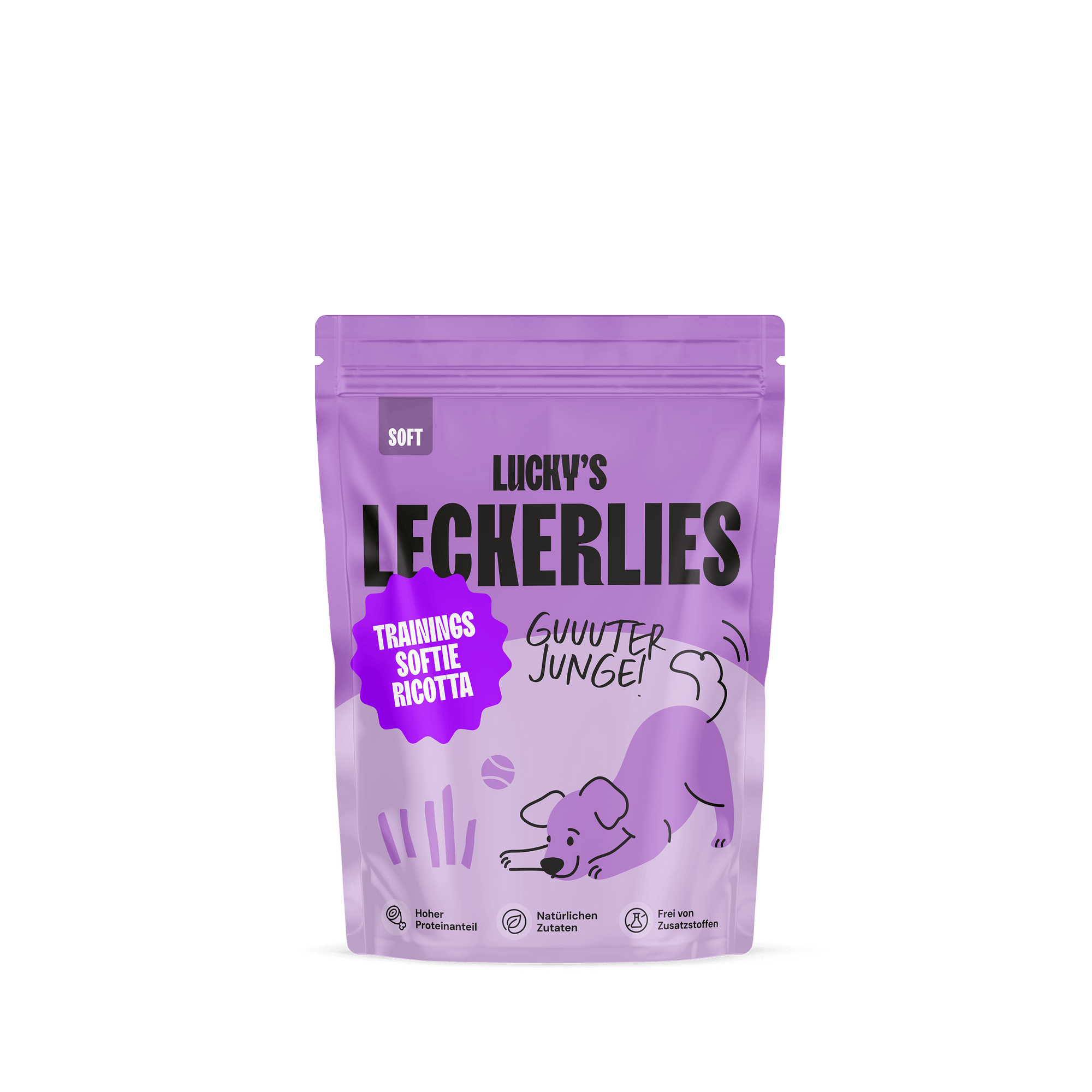 Ricotta Trainingssoftie – Trainingsleckerli für Hunde in einer lila Verpackung mit Hundedesign.