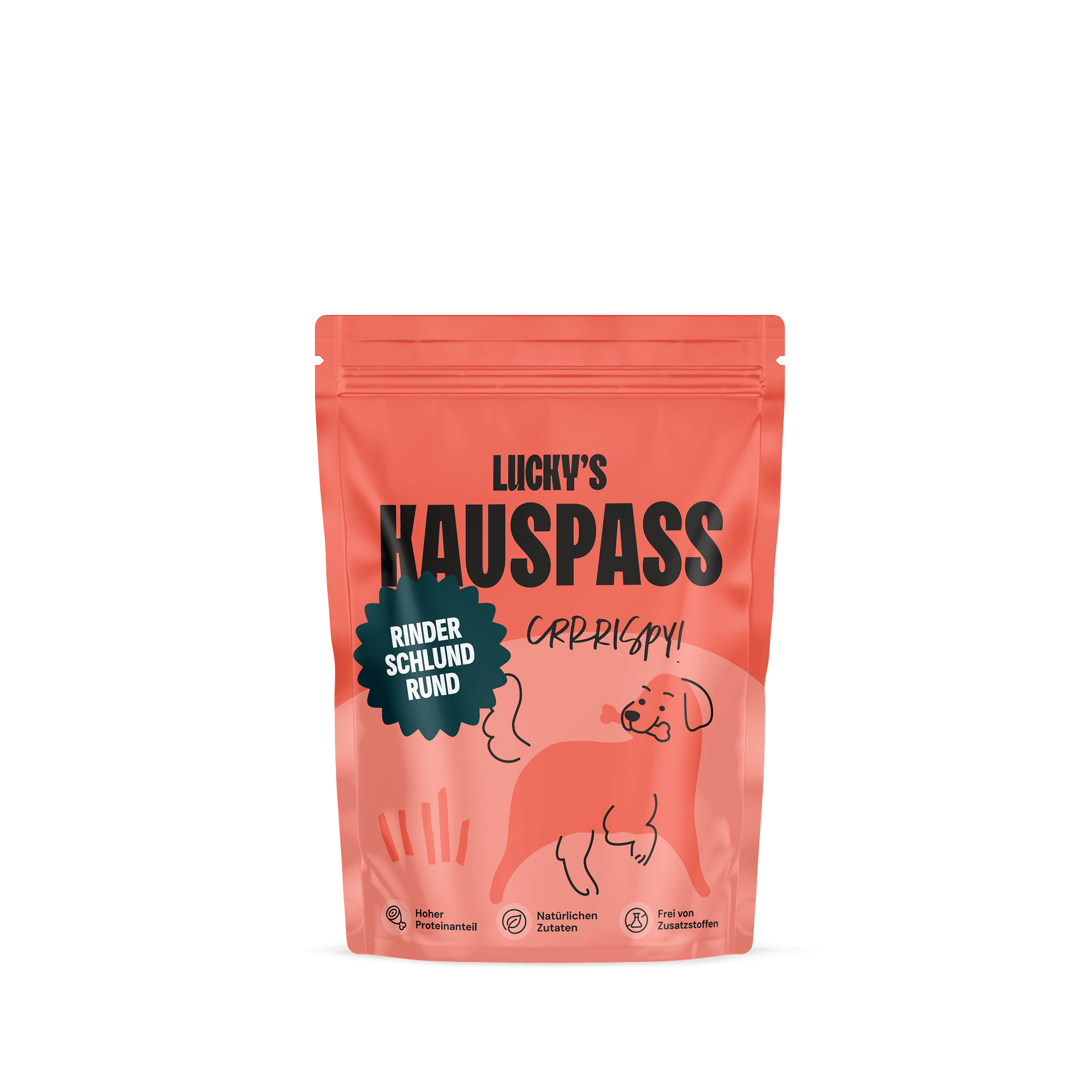 Verpackung von Rinderschlund Rund Kausnack für Hunde, LIICKY'S HAUSPASS, natürliche Zutaten.