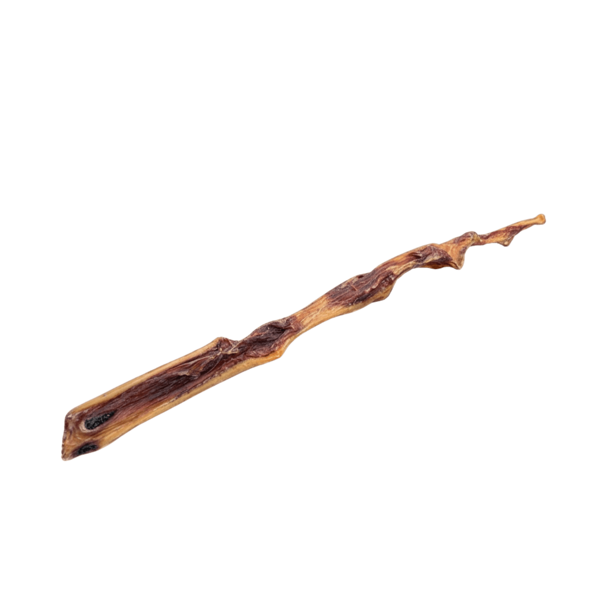 Detailaufnahme der gedrehten Struktur der herzhaften Rinderhaut-Stange, ideal für langanhaltenden Kauspaß.