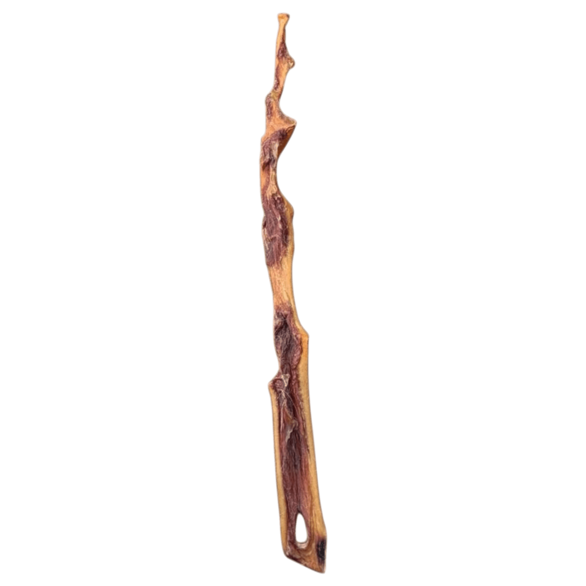 Eine extra lange und dicke Rinderhaut-Stange für Hunde (80 cm) in vertikaler Ansicht auf weißem Hintergrund.
Bild 2: Schräge Produktansicht (Weißer