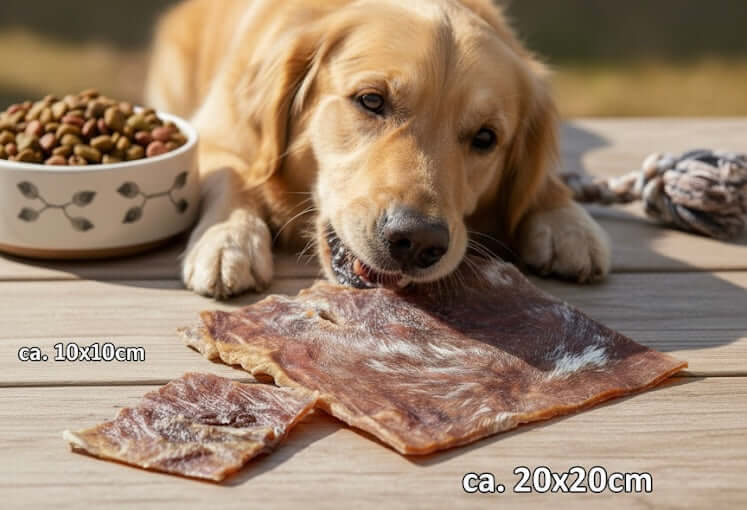 Rinderkopfhaut Platte Light (M) – Naturkauartikel für Hunde, golden retriever mit Rinderhautplatte am Fressen