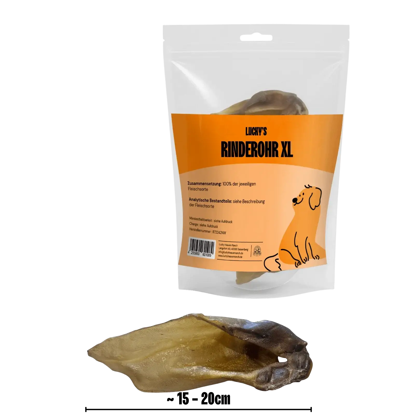 Doypack-Verpackung von Lucky Heaven Ranch Rinderohr XL zusammen mit einem ca. 15 bis 20 cm langen Rinderohr im Größenvergleich