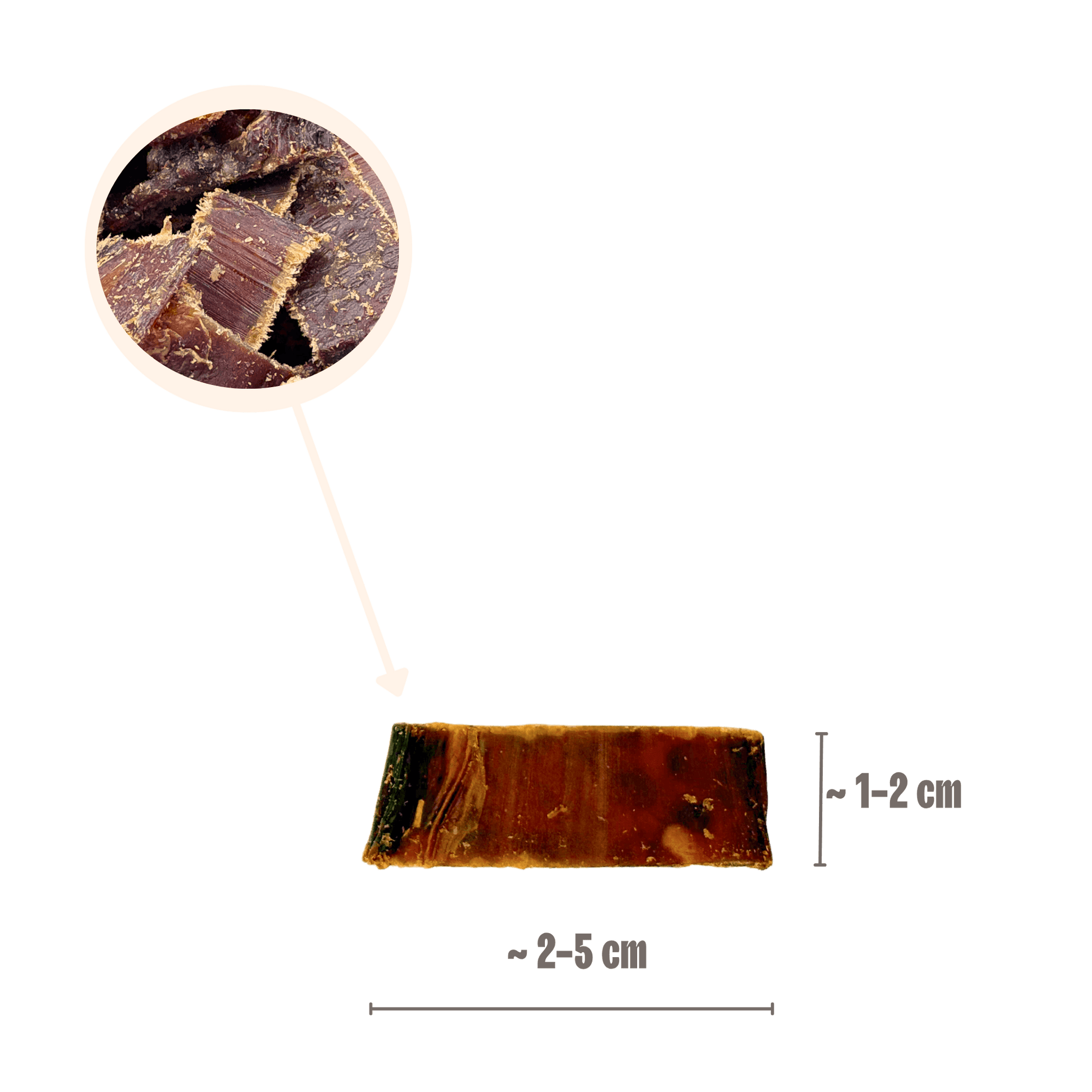 Größenangabe für Rinderschlund Happen Hundeleckerlis von ca. 2 bis 5 cm mit einer Lupe auf die Fleischfasern
