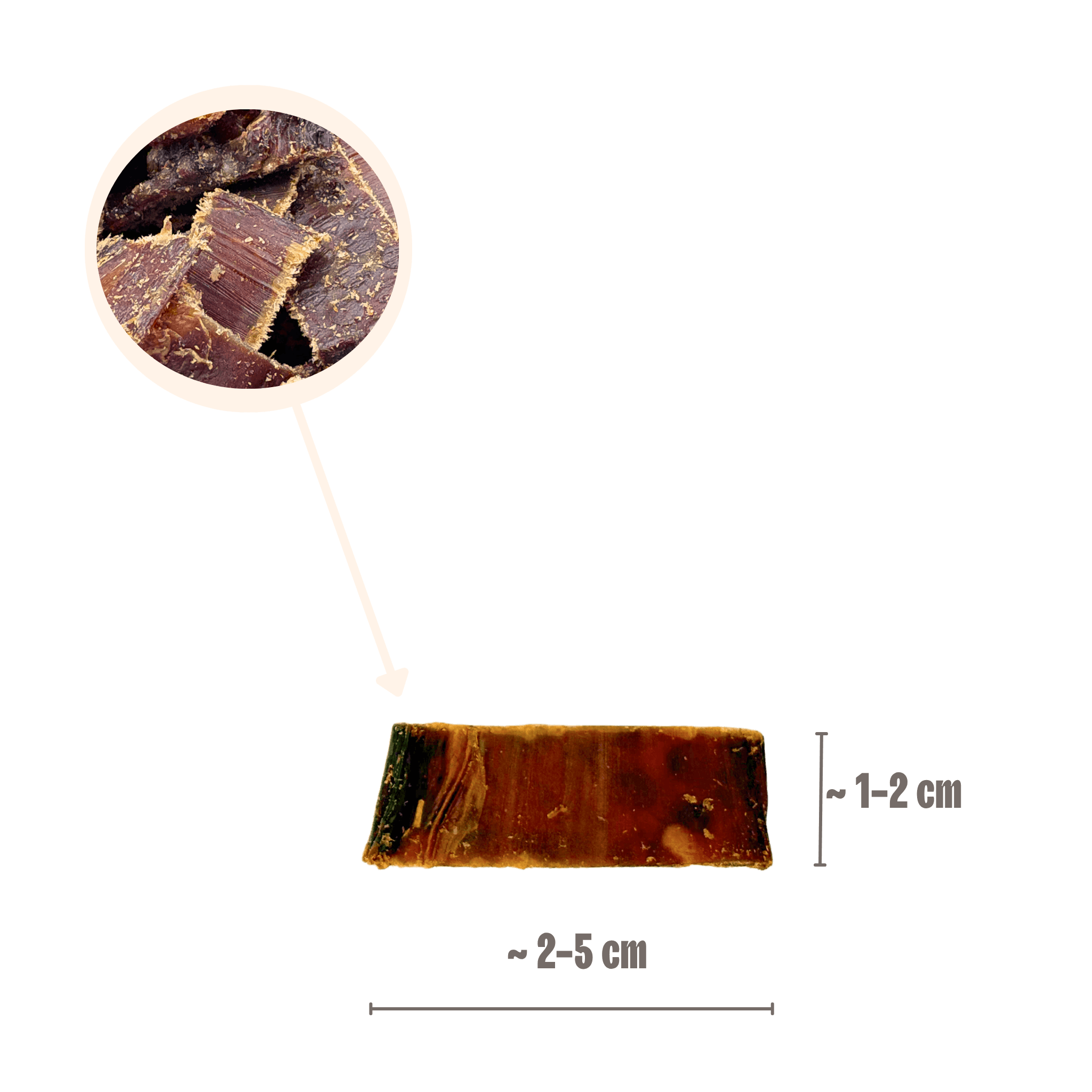 Größenangabe für Rinderschlund Happen Hundeleckerlis von ca. 2 bis 5 cm mit einer Lupe auf die Fleischfasern