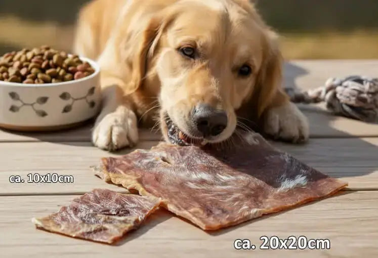 Hund genießt die Rinderkopfhautplatte, ideal für Welpen und Senioren, knusprig und gesund, Kauartikel für hunde.