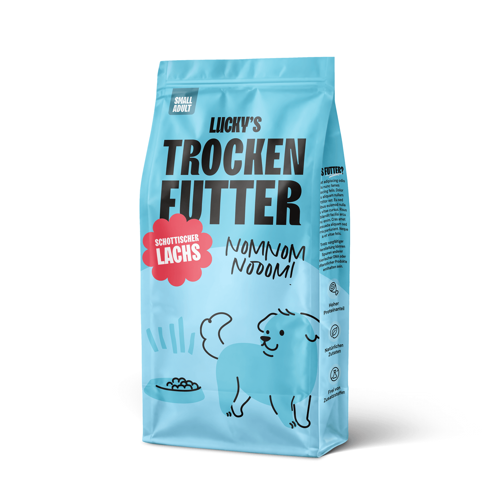 Schottischer Lachs mit Dill, Spinat, Fenchel und Spargel kleine Rasse Hundefutter in blauer Verpackung