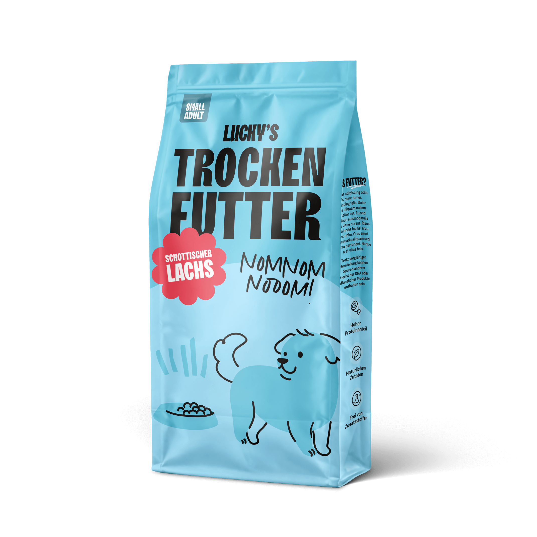 Schottischer Lachs mit Dill, Spinat, Fenchel und Spargel kleine Rasse Hundefutter in blauer Verpackung