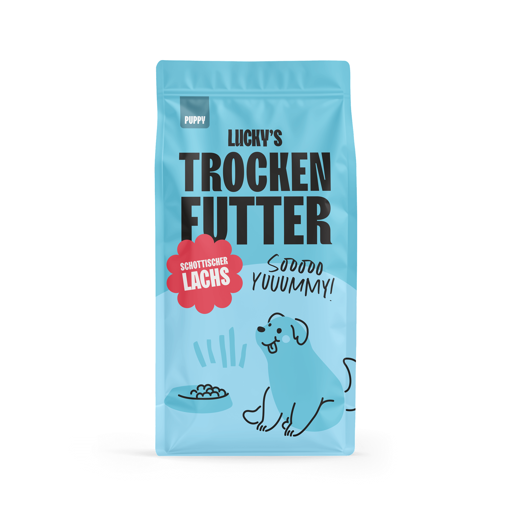 Schottischer Lachs mit Dill, Spinat, Fenchel und Spargel für Welpen Trockenfutter in blauer Verpackung.