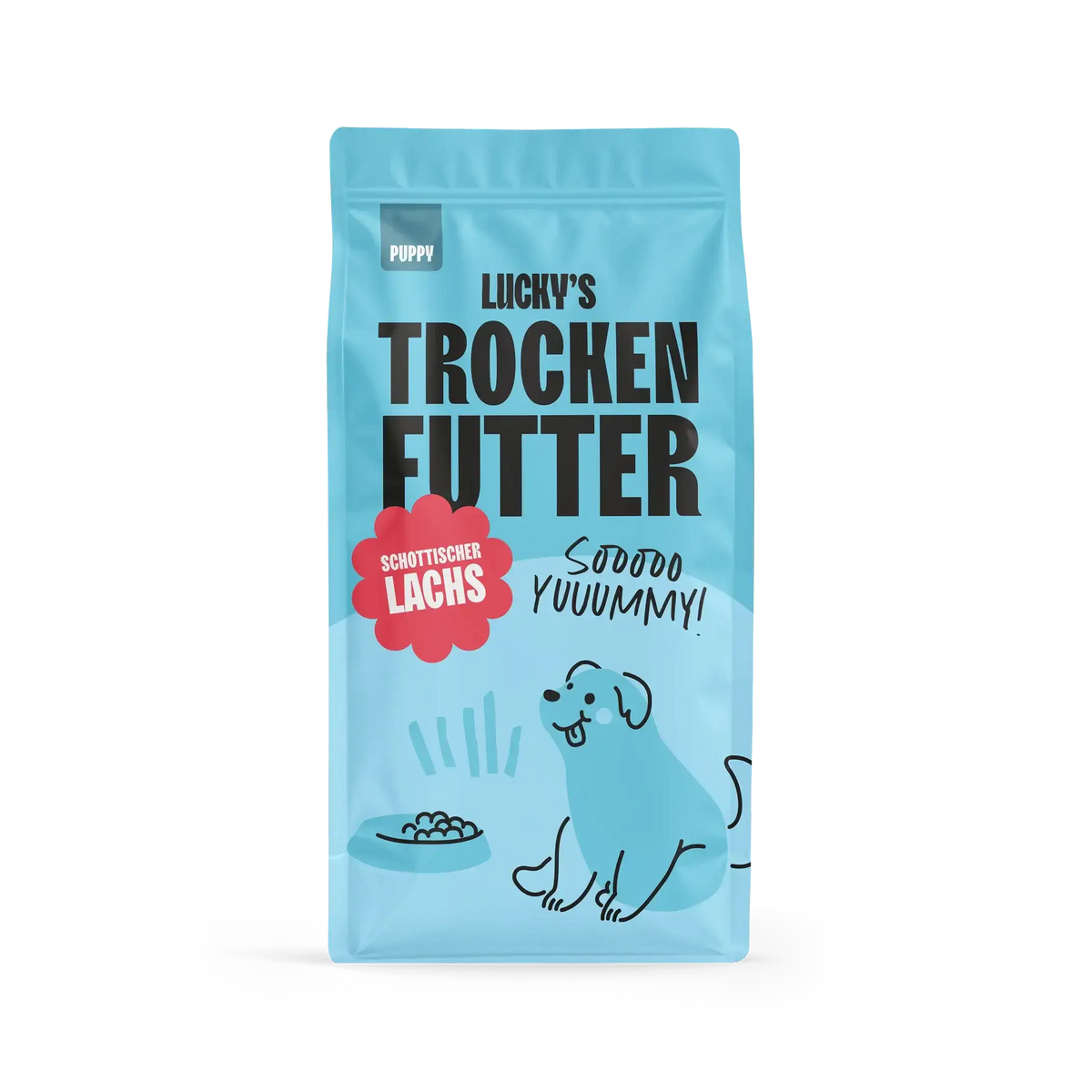 Schottischer Lachs mit Dill, Spinat, Fenchel und Spargel für Welpen Trockenfutter in blauer Verpackung.
