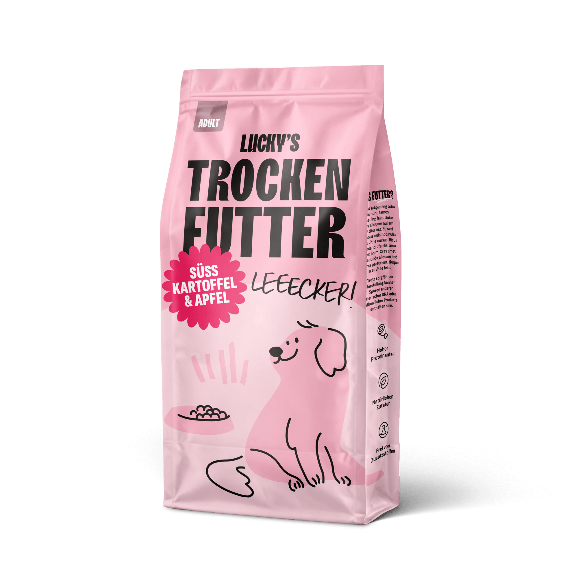 Schwein mit Süßkartoffel und Apfel – Trockenfutter für Hunde in pinker Verpackung