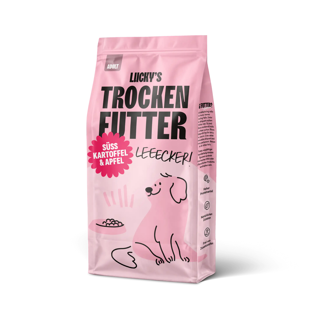 Schwein mit Süßkartoffel und Apfel – Trockenfutter für Hunde in pinker Verpackung