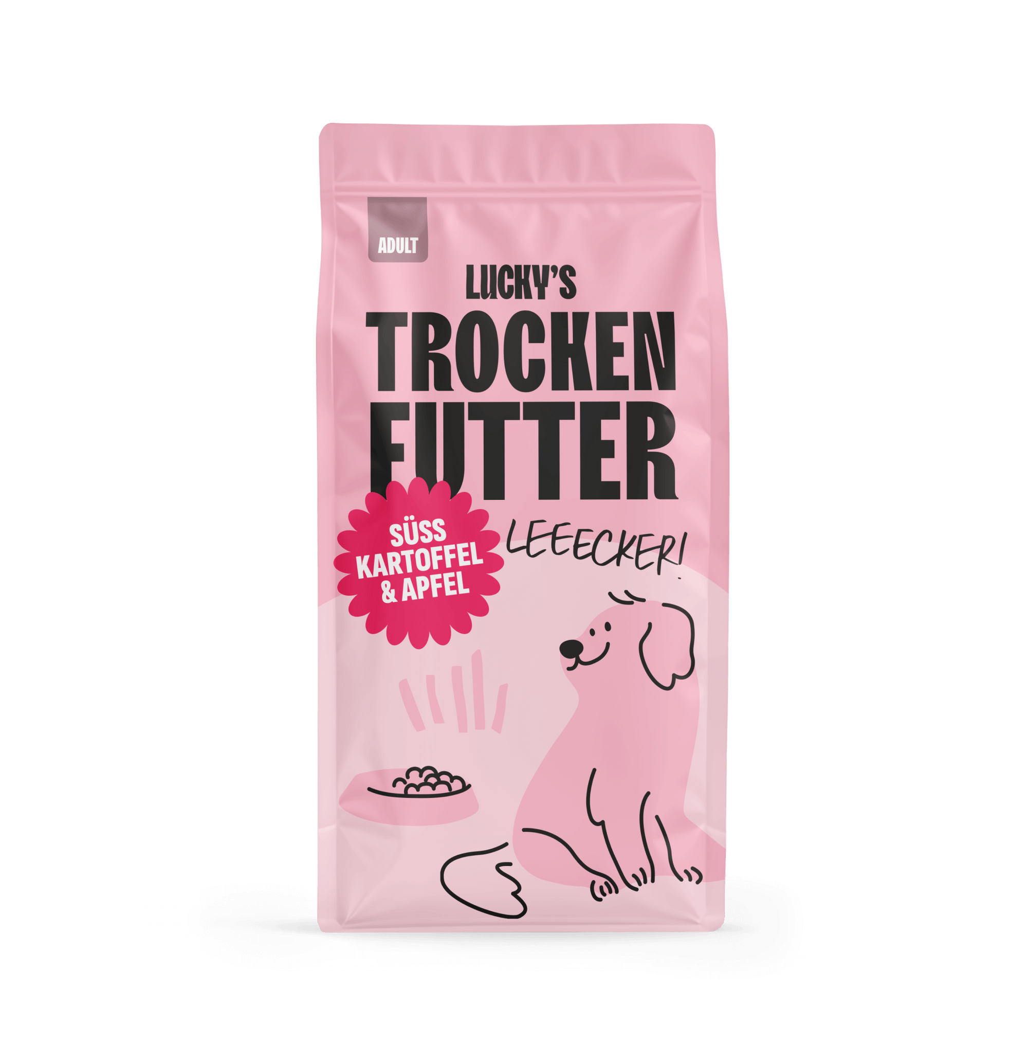 Schwein mit Süßkartoffel und Apfel – Trockenfutter für Hunde in einer attraktiven Verpackung.