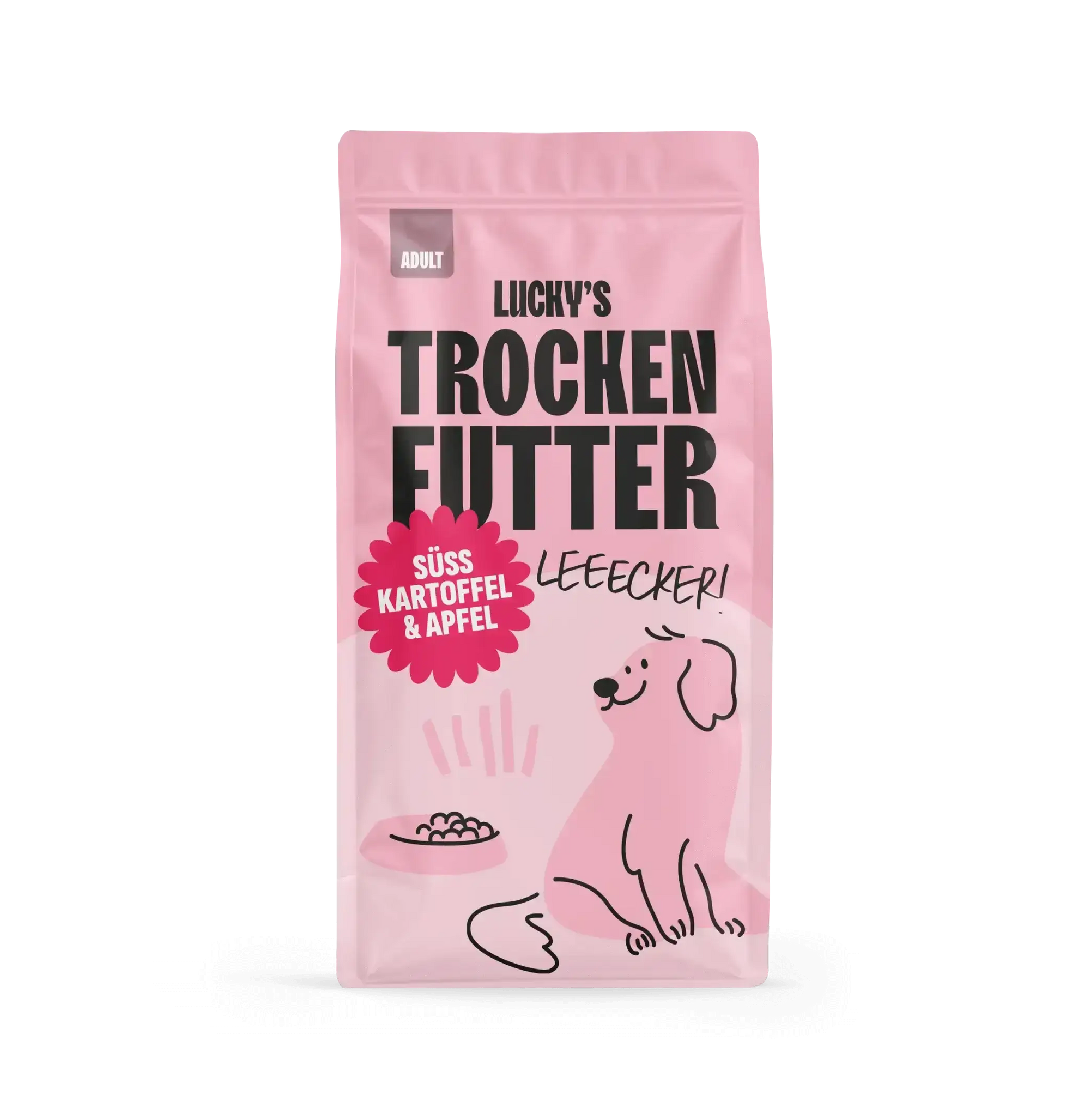 Schwein mit Süßkartoffel und Apfel – Trockenfutter für Hunde in einer attraktiven Verpackung.