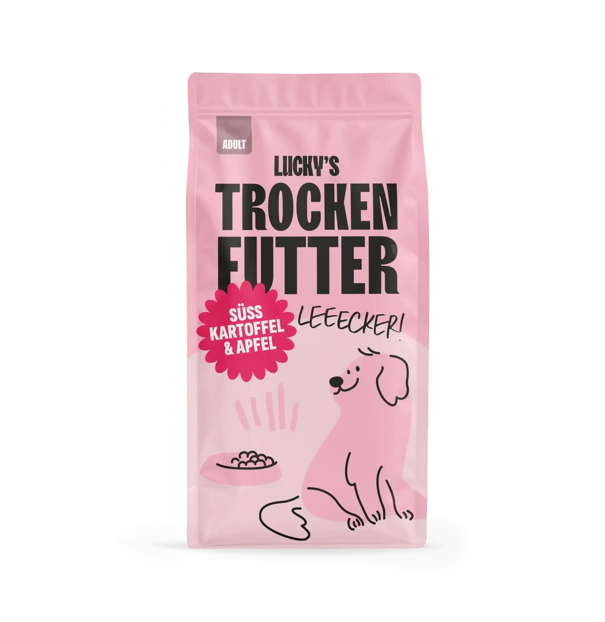 Schwein mit Süßkartoffel und Apfel – Trockenfutter für Hunde in einer attraktiven Verpackung.