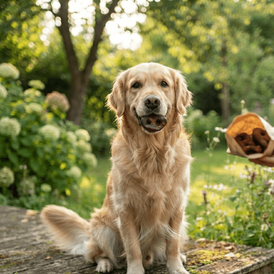 Goldener Retriever hält eine getrocknete Schweinenase als natürlichen Kauartikel im Maul, während er im Garten sitzt.